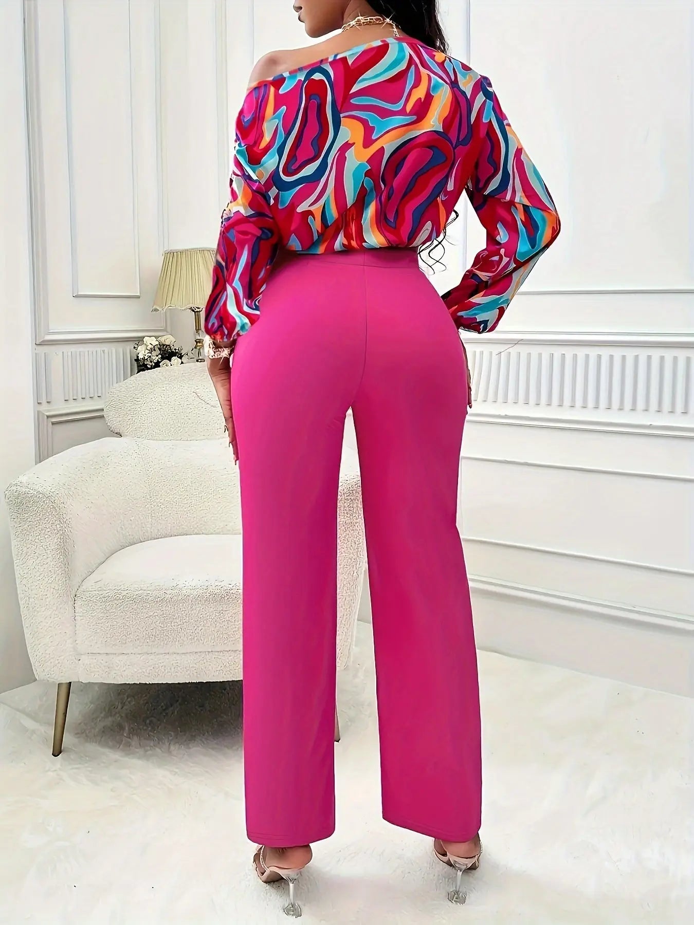 Colorful Print Two-piece Set, Cold Shoulder Tie Hem Top & Straight Leg Pants Toshe Womens Fashions
