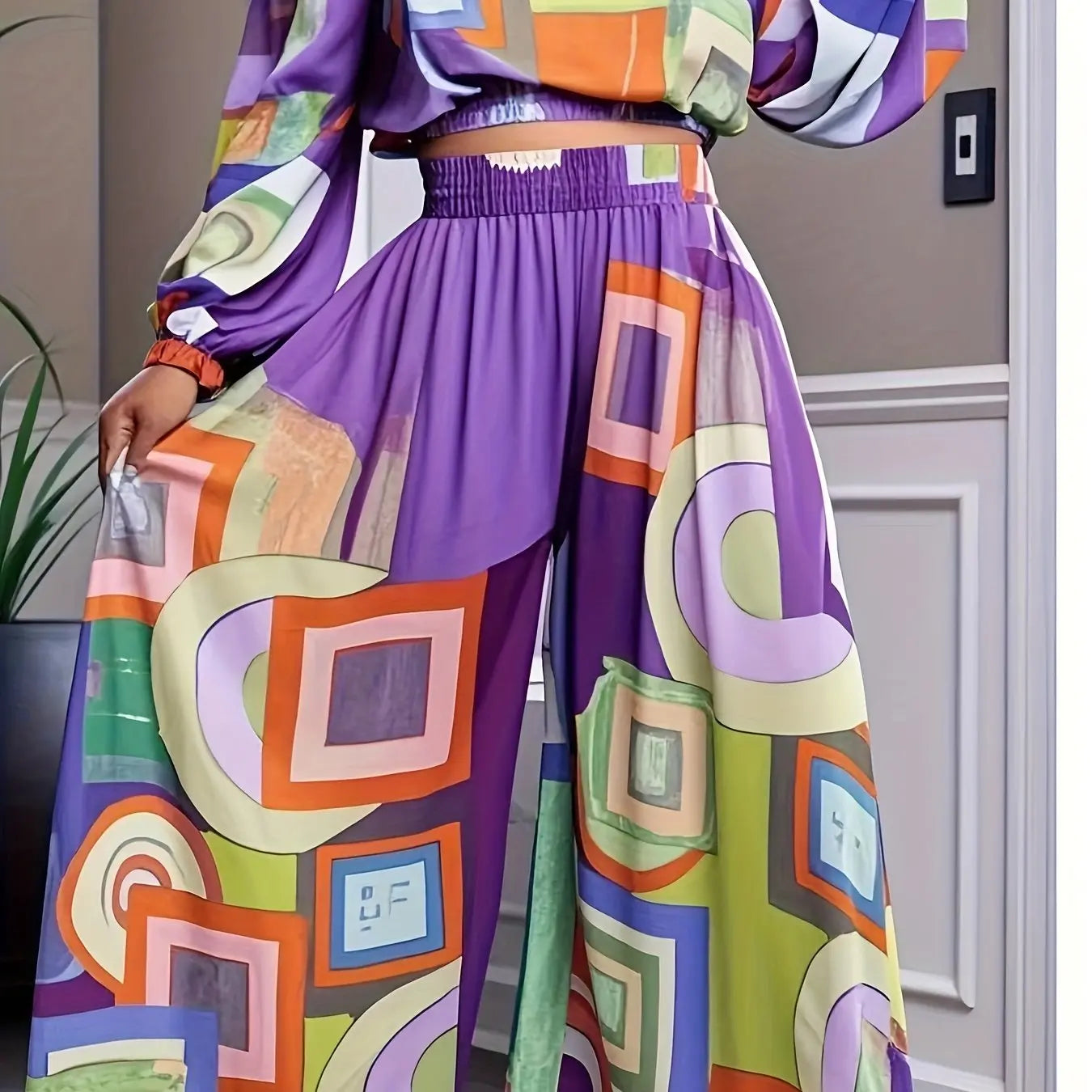 Colorblock Boho Crop Top and Wide Leg Suit Toshe Women's Fashions