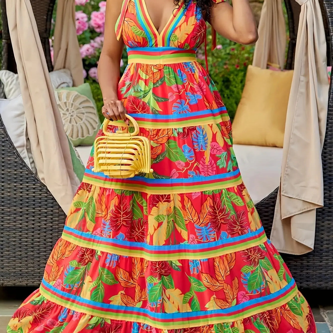 Colorblock Leaf Print V Neck Maxi Dress Toshe Women's Fashions