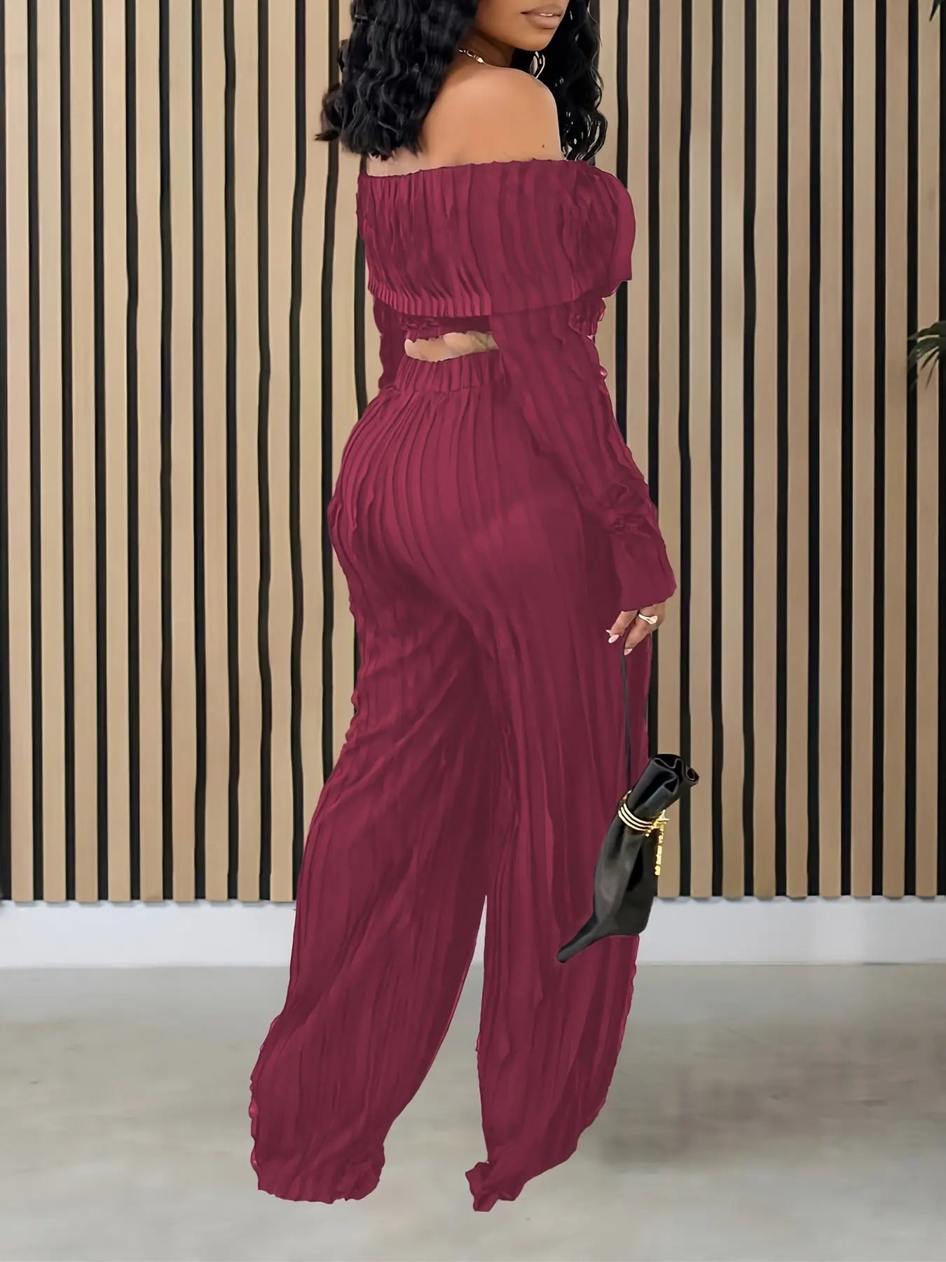 Wave Folded Collar Buttoned Crop Top and Wide Leg Pant Set Toshe Women's Fashions