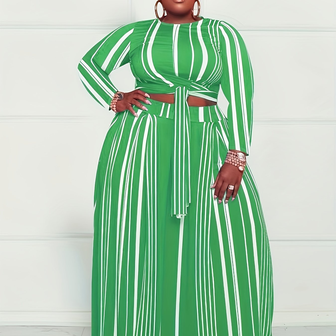 Bold Vertical Striped Crew Neck Crop Top & Wide-Leg Maxi Skirt with Belt