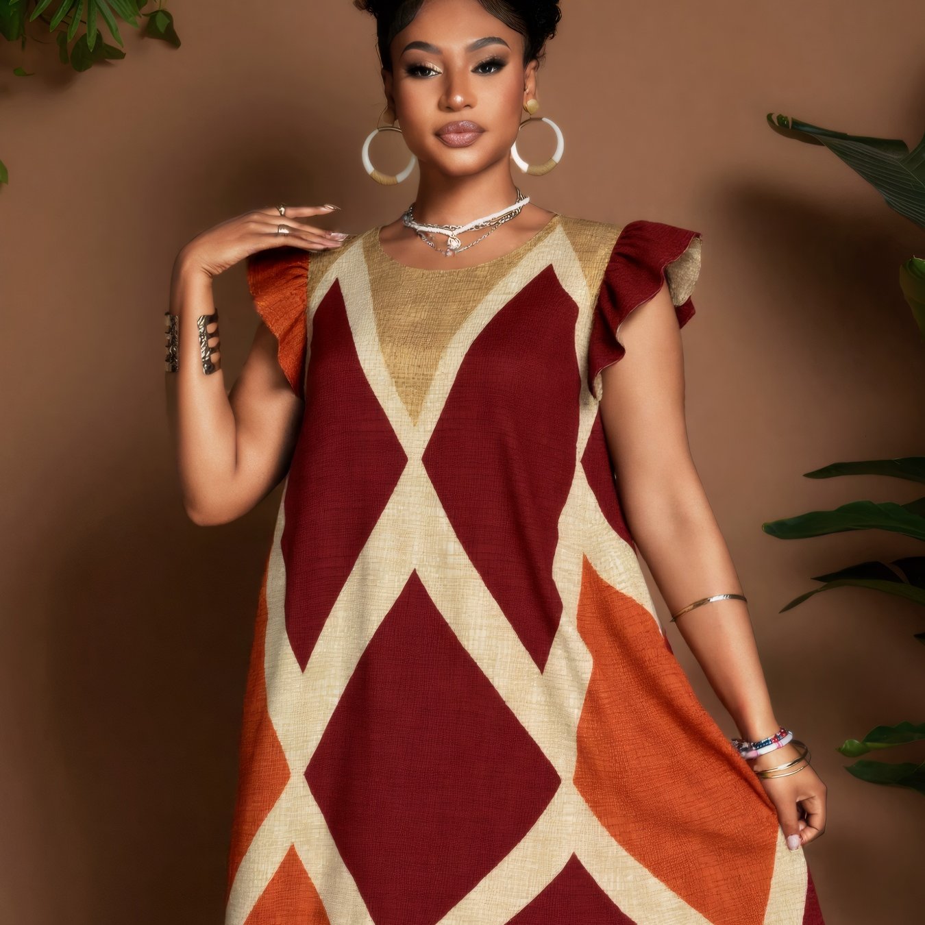 Geometric Ruffle Sleeve A-Line Mini Dress – Bold, Flowy & Flirty