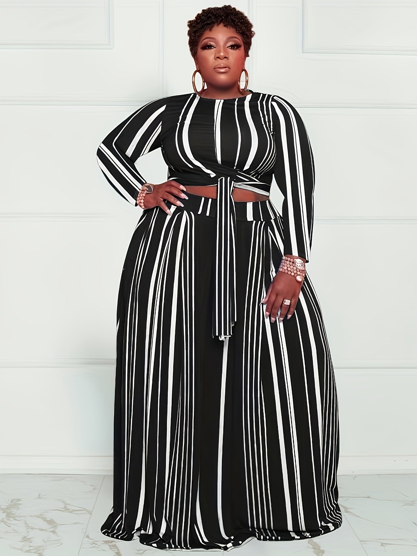 Bold Vertical Striped Crew Neck Crop Top & Wide-Leg Maxi Skirt with Belt
