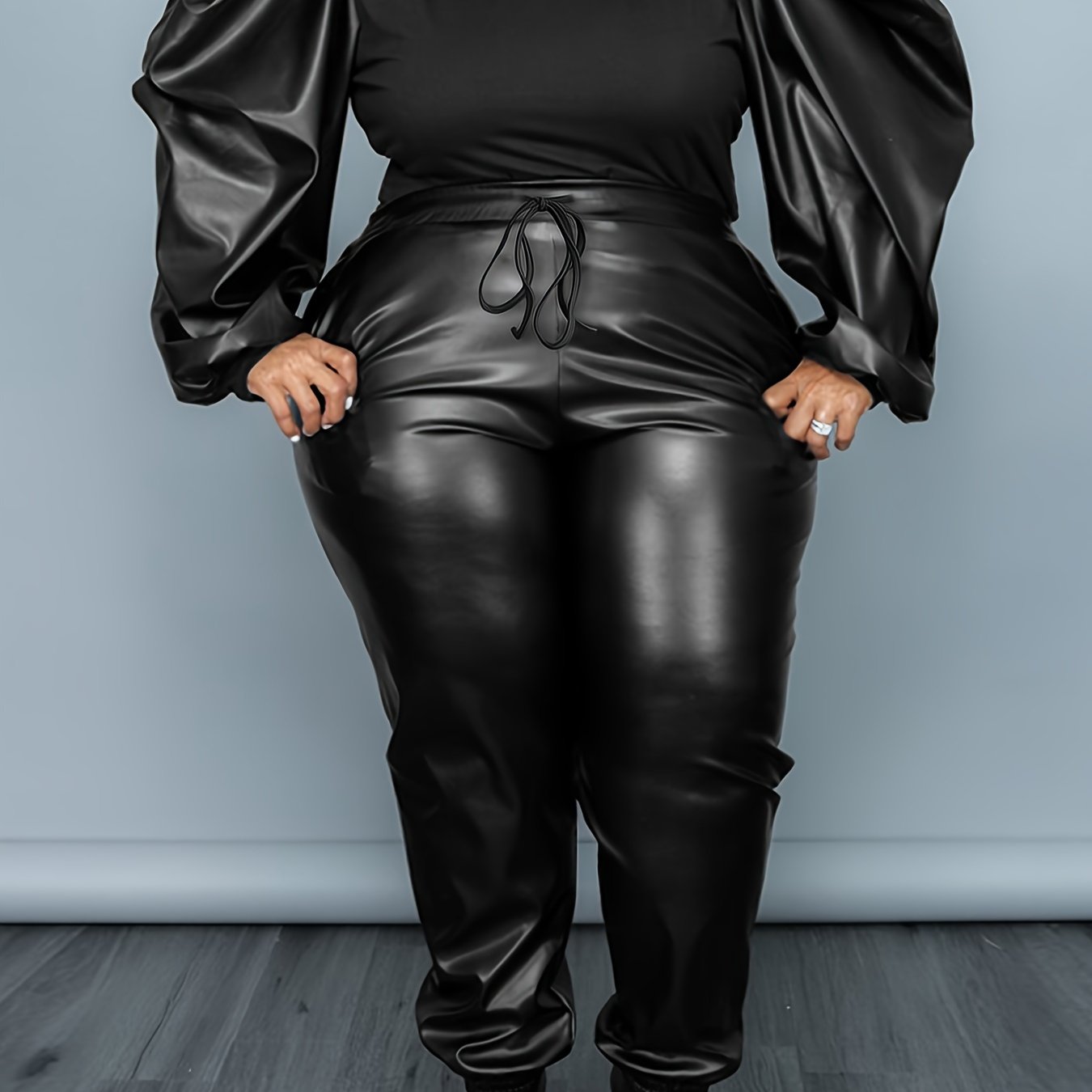 Faux Leather Knit Top & Drawstring Pants Set – Chic Two-Piece Co-ord Outfit