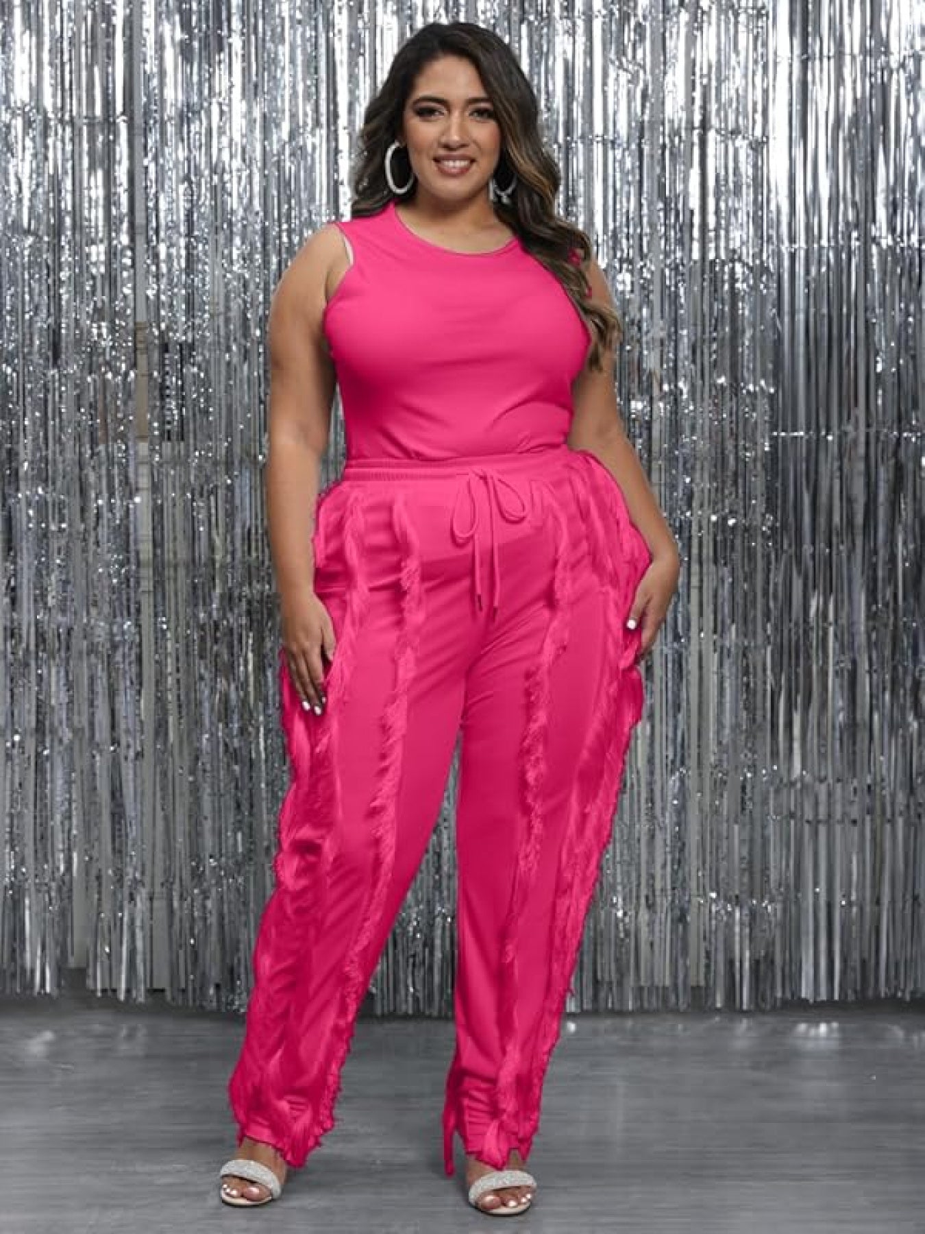 Sleeveless Tank Top with Drawstring Fringe Pant Set