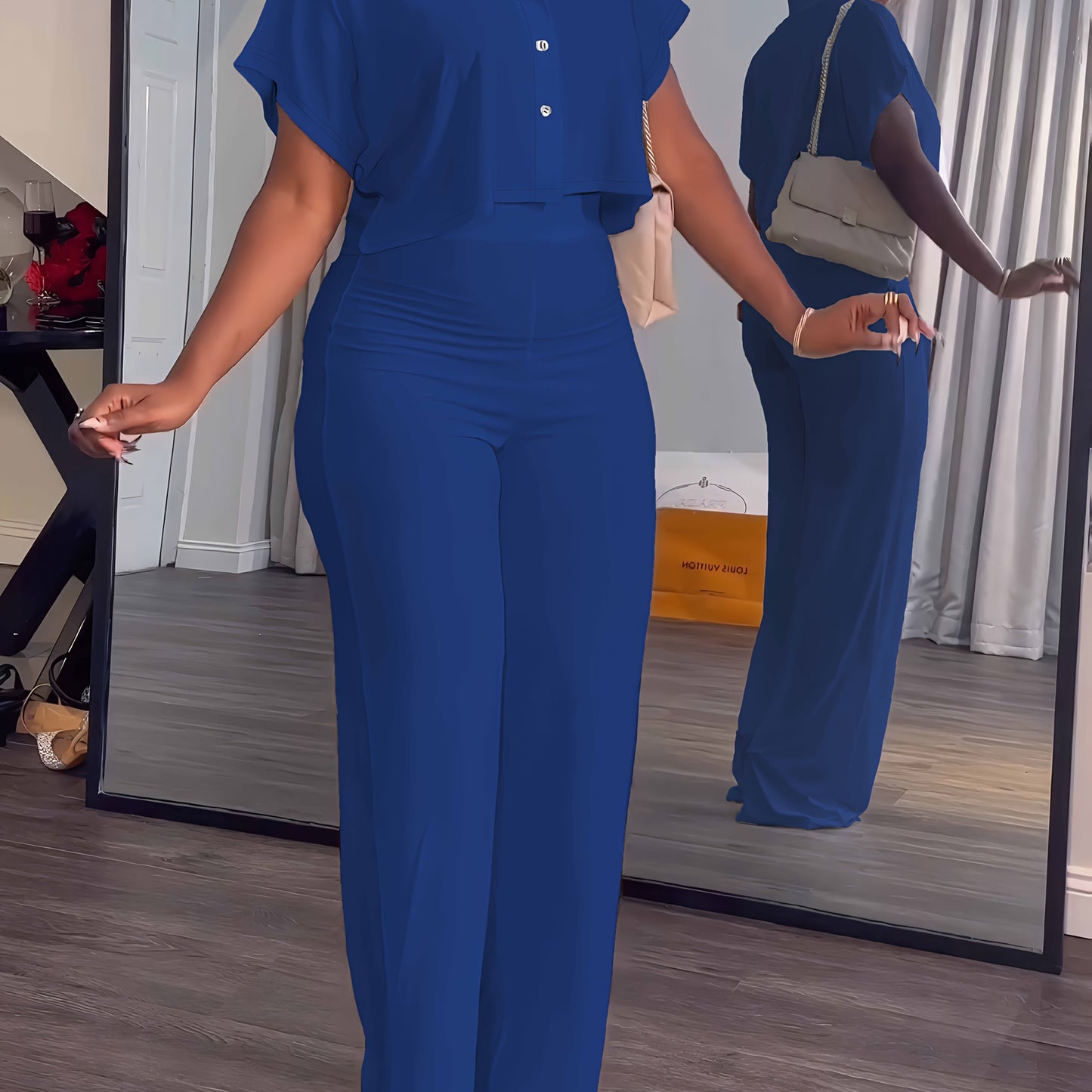 Collared Button Crop Top and Wide Leg Pant Set