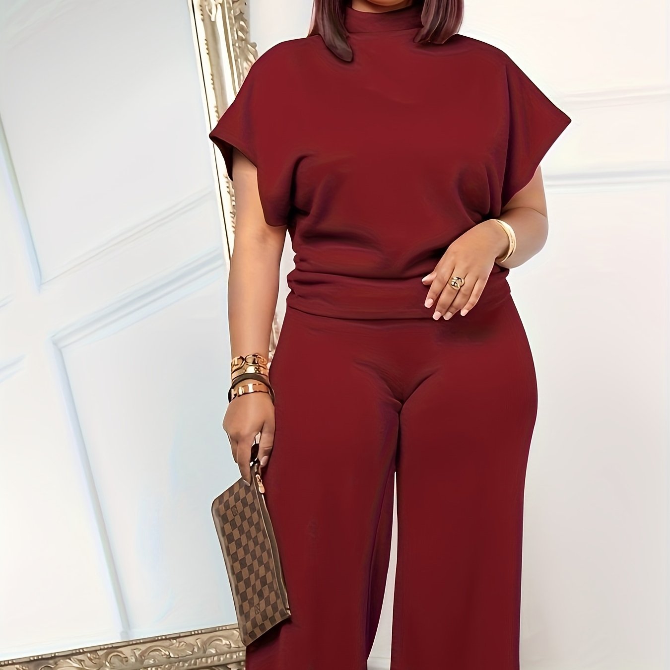 Red Two-Piece Set – High Neck Cap Sleeve Top & Wide Leg Pants Outfit