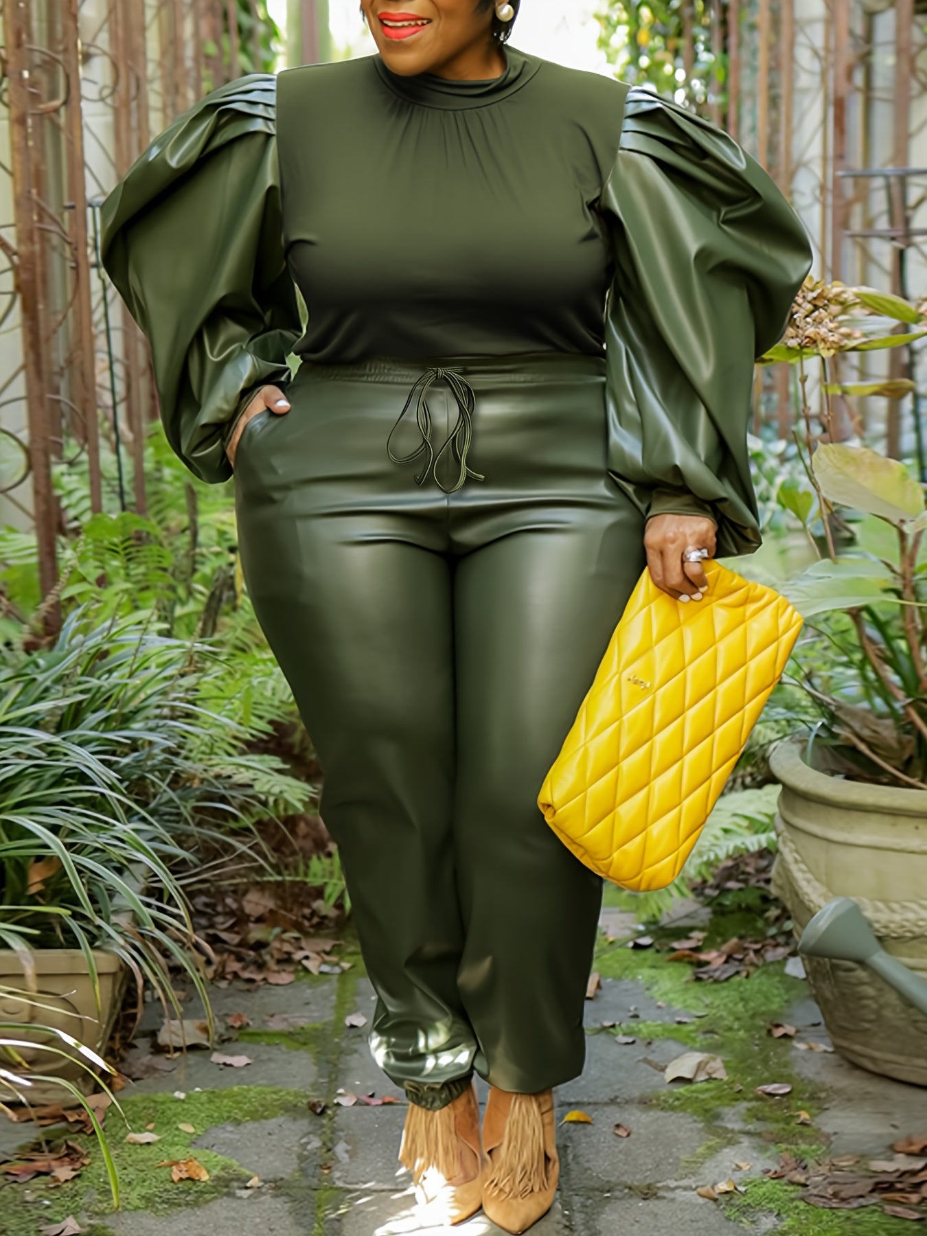 Faux Leather Knit Top & Drawstring Pants Set – Chic Two-Piece Co-ord Outfit