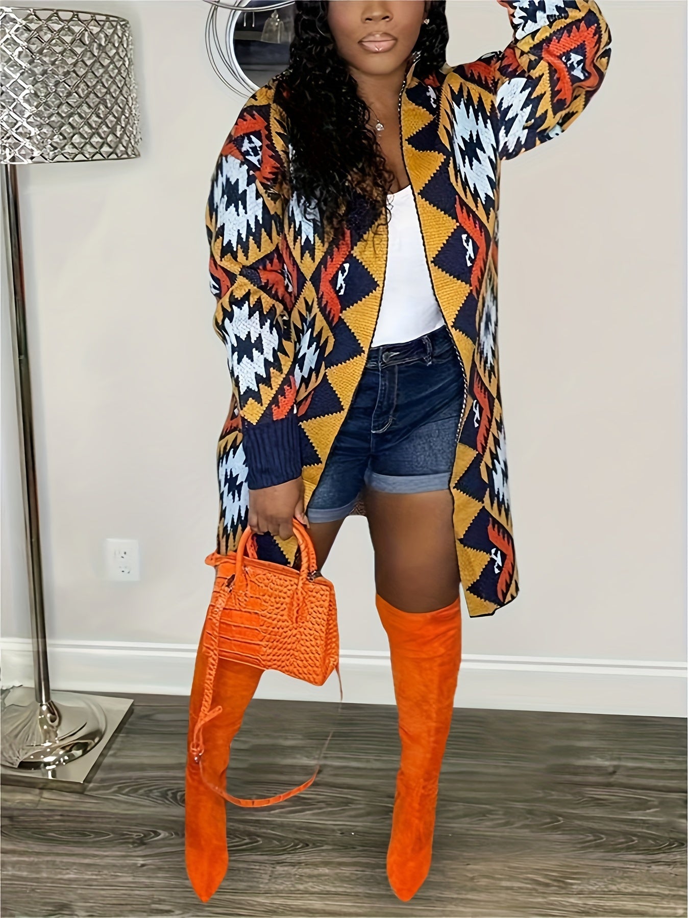 Geometric Print Knitted Cardigan – Cozy Open Front Sweater for Women
