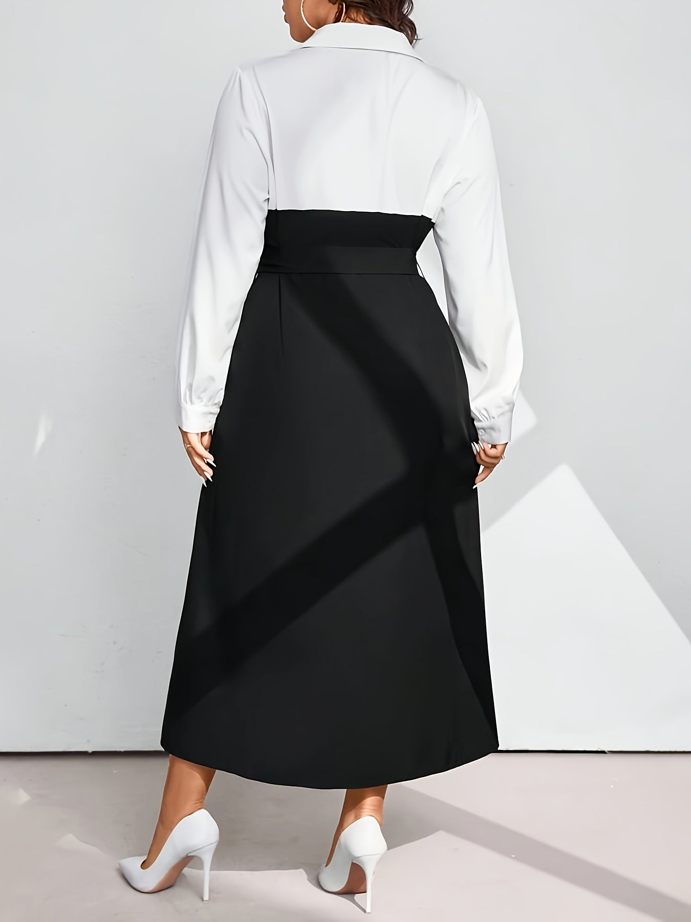 Black & White Chic Shirt Collar Belted A-Line Dress
