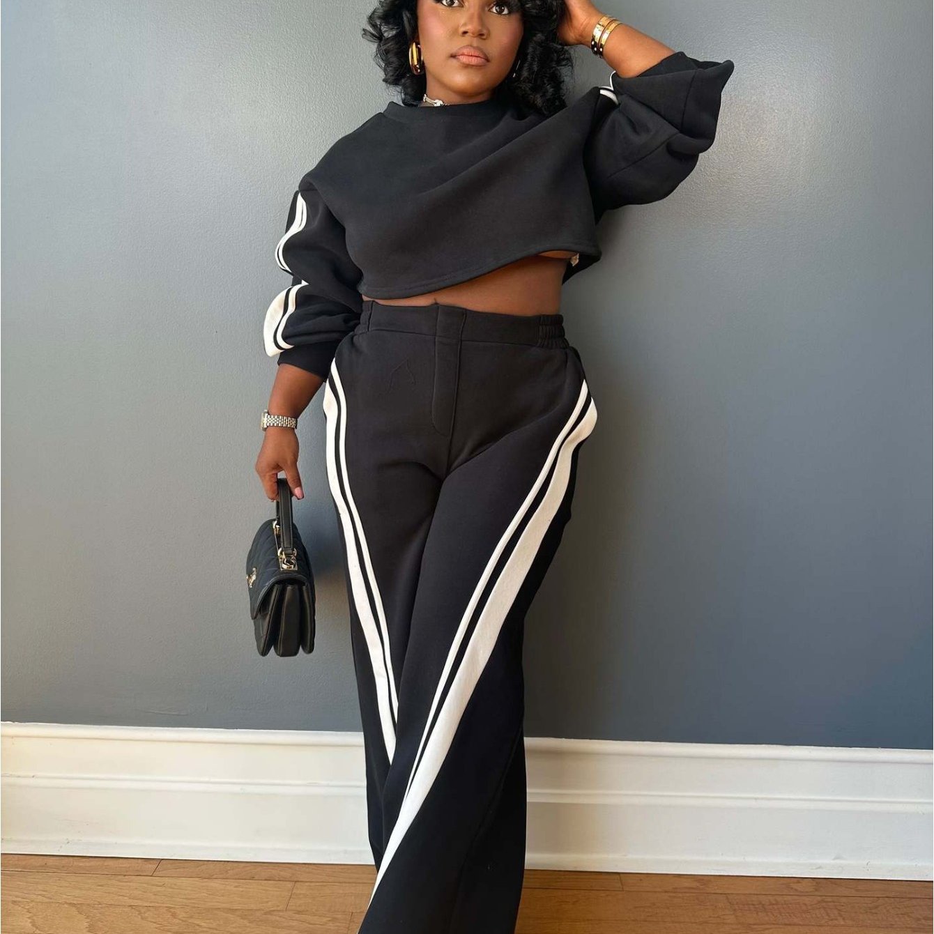Black Striped Crop Sweatshirt and Straight Pants Set