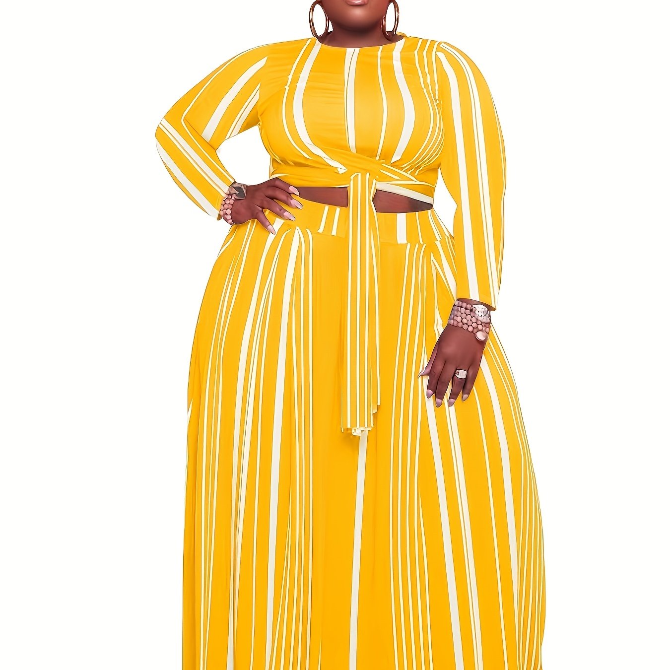 Bold Vertical Striped Crew Neck Crop Top & Wide-Leg Maxi Skirt with Belt