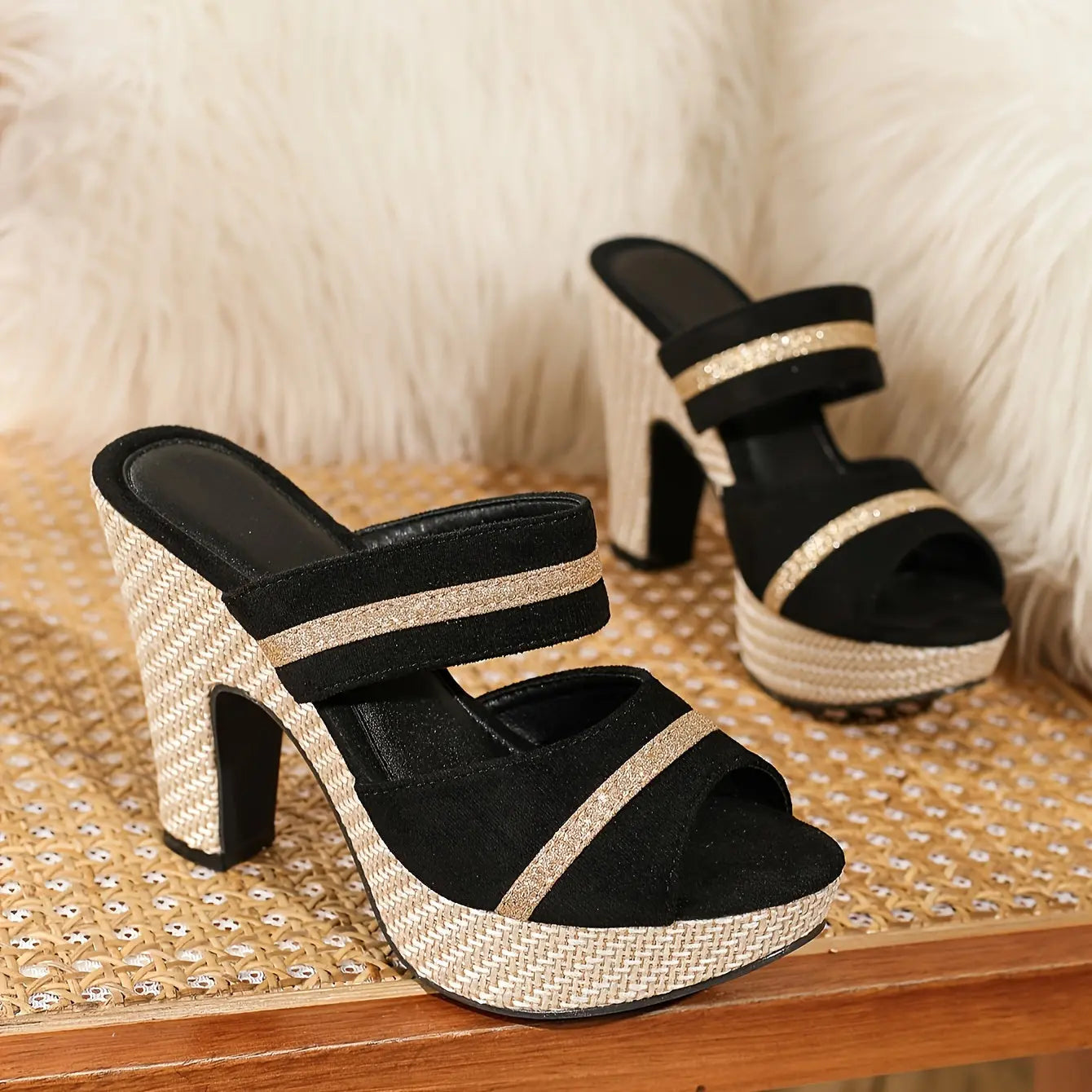 Black and Tan Double Strap Wedge Sandal Toshe Women's Fashions