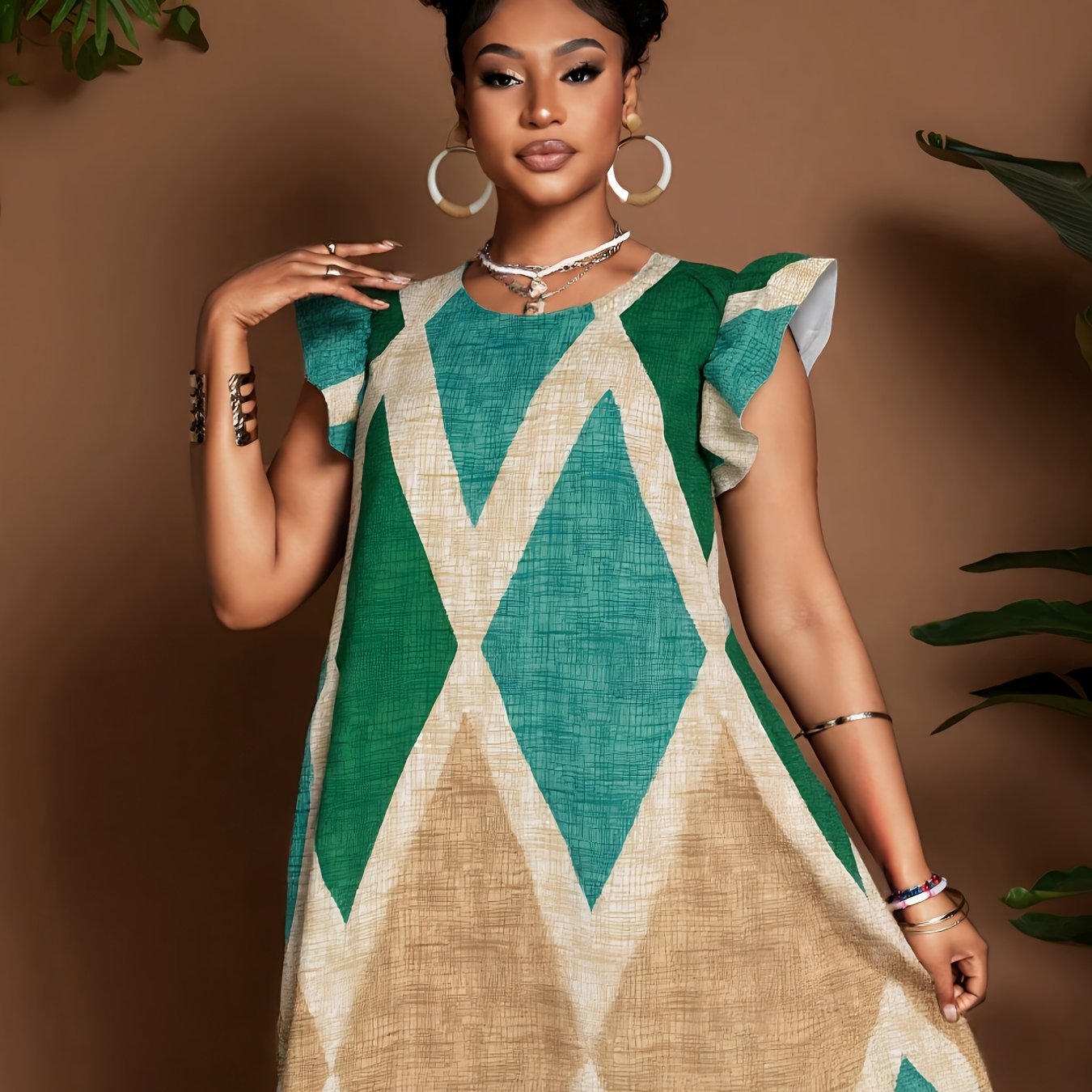 Geometric Ruffle Sleeve A-Line Mini Dress – Bold, Flowy & Flirty