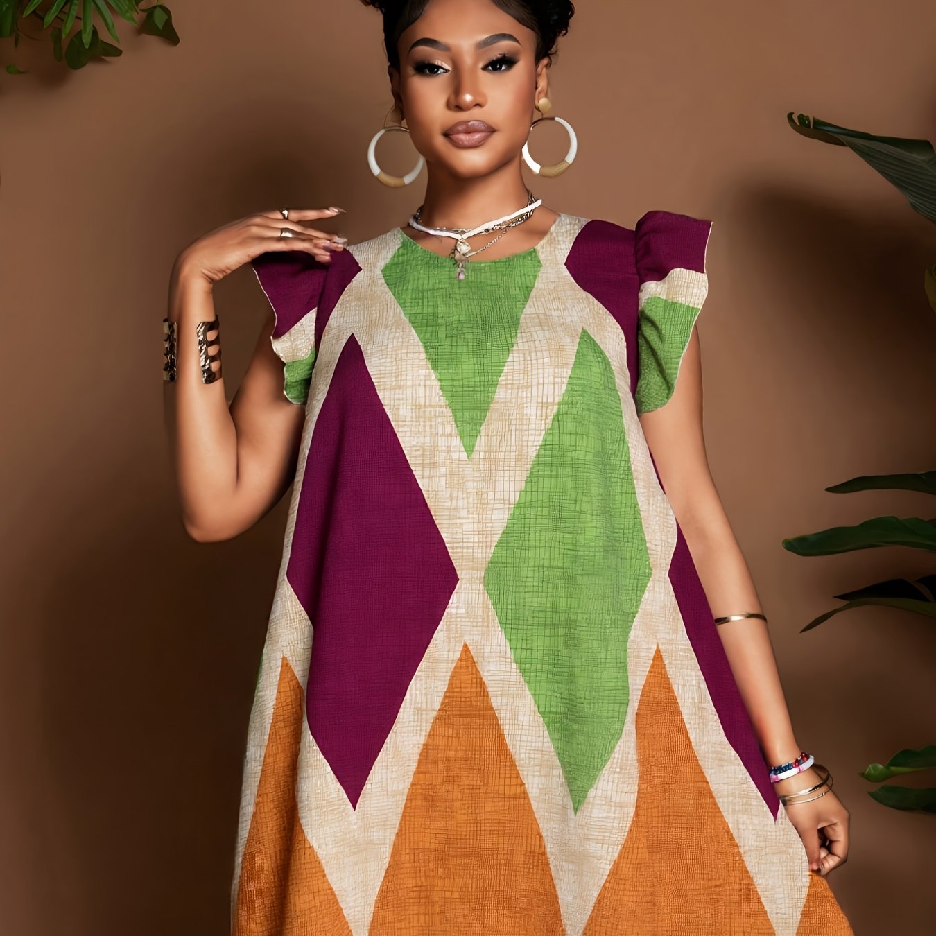 Geometric Ruffle Sleeve A-Line Mini Dress – Bold, Flowy & Flirty
