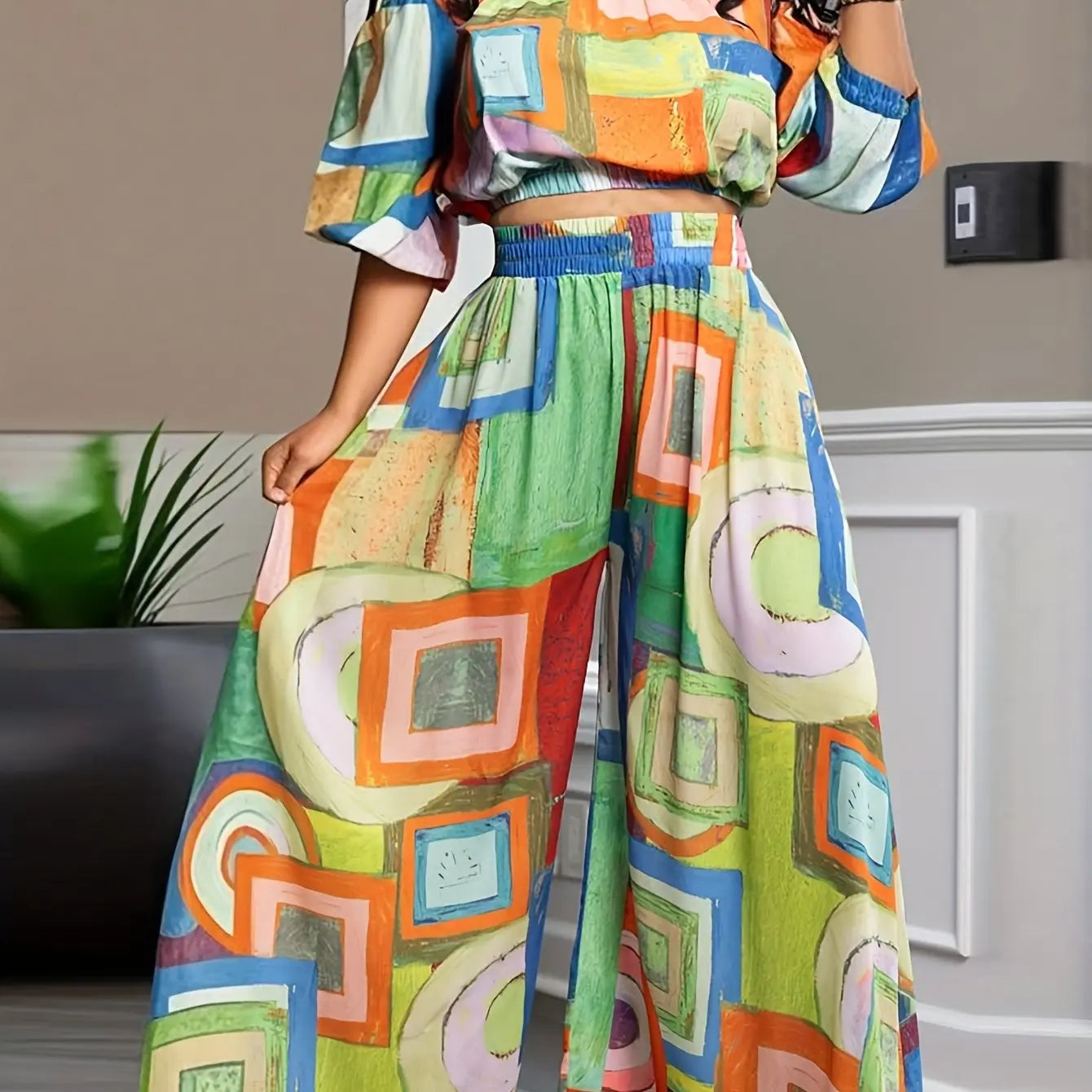 Colorblock Boho Crop Top and Wide Leg Suit Toshe Women's Fashions