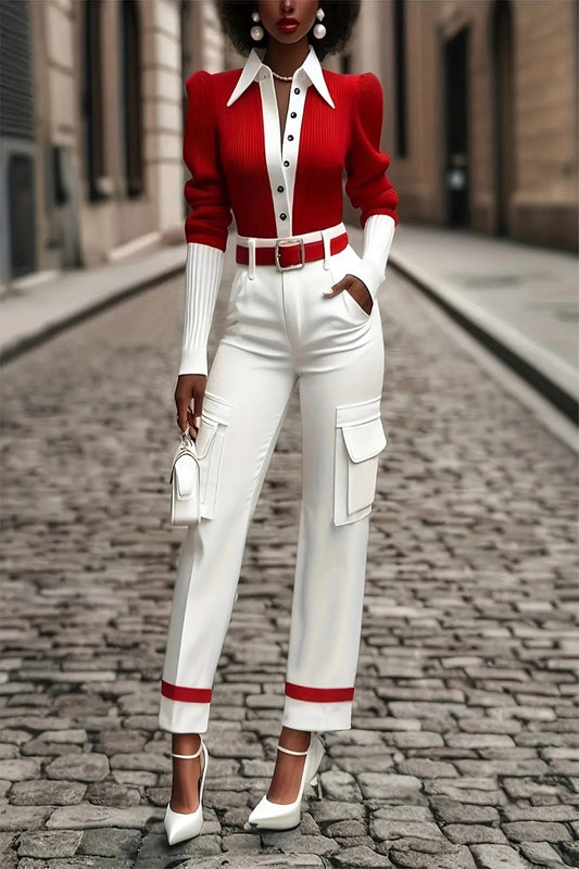 Red And White Color-Blocked Collared Knitted Shirt Toshe Women's Fashions