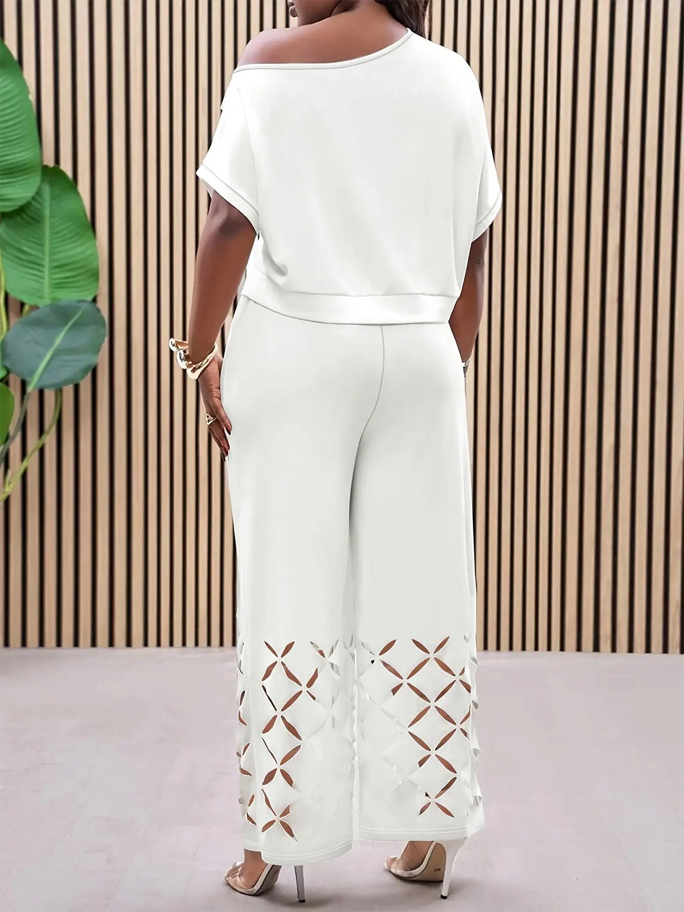 White Asymmetrical Shoulder Hollow Out Lace 2pcs Set Toshe Women's Fashions