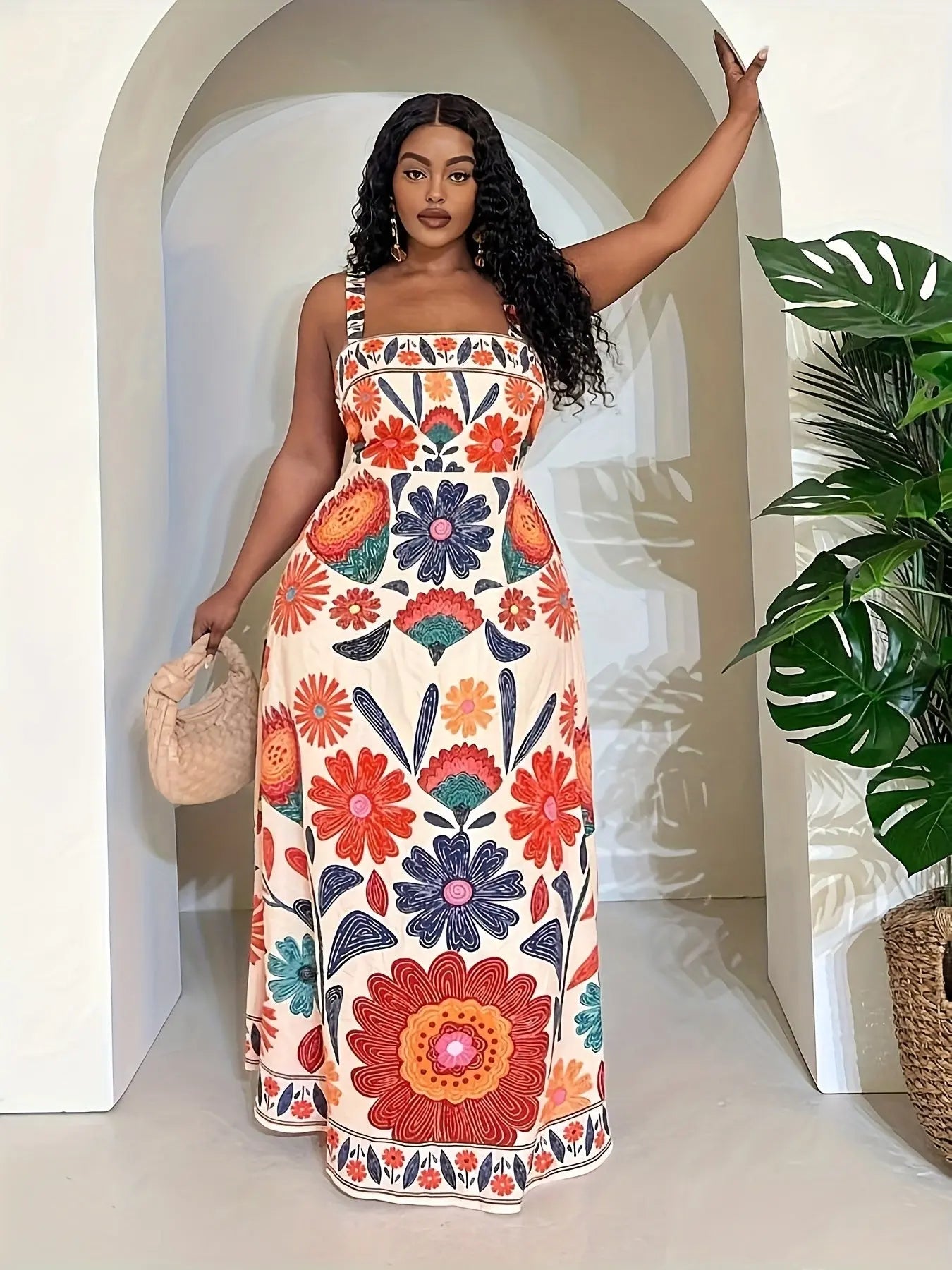 Cinched A-Line Dress with Vibrant Floral Print, Casual Vacation Style, Foral Print Dress Toshe Womens Fashions