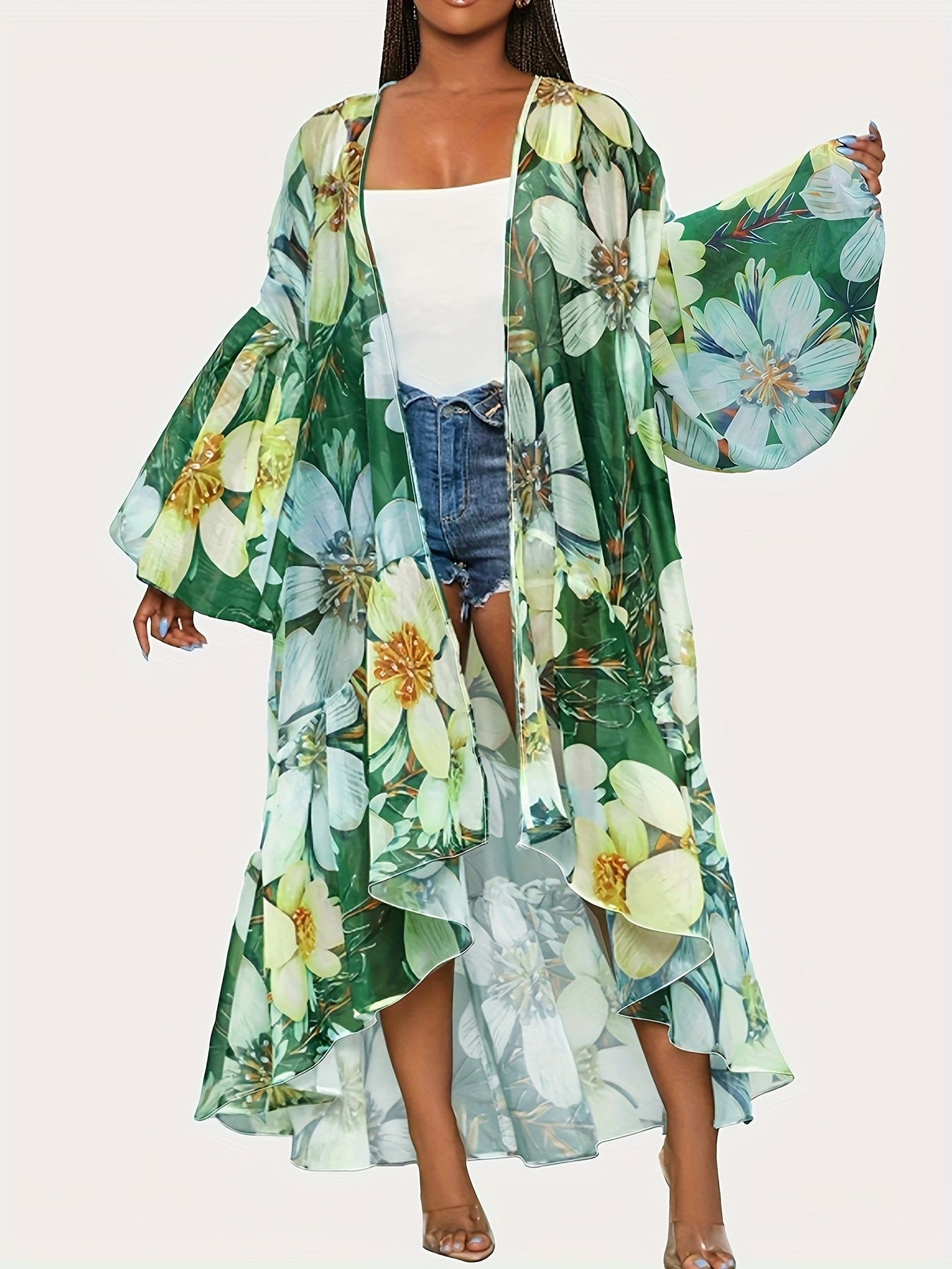 Chic Abstract Print Batwing Sleeve Cardigan