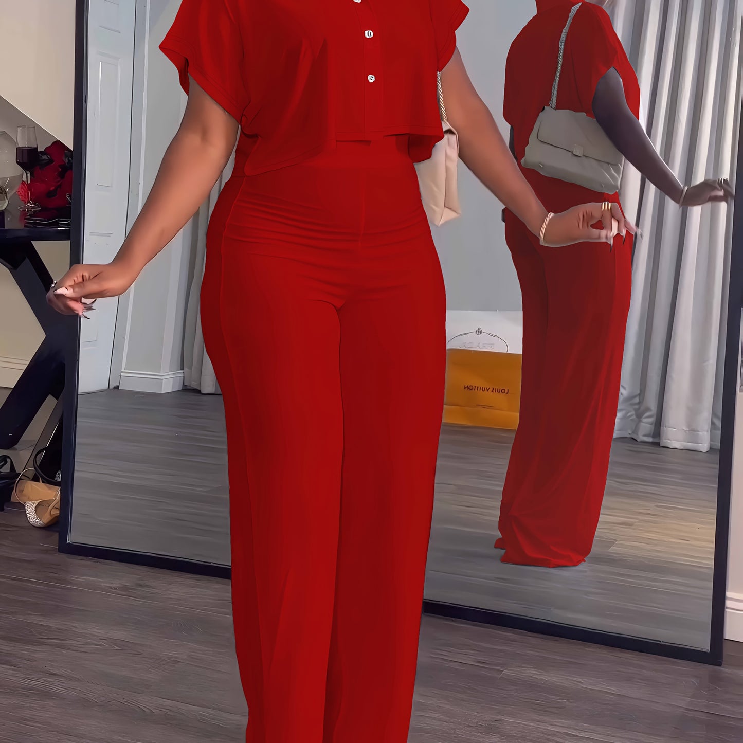 Collared Button Crop Top and Wide Leg Pant Set