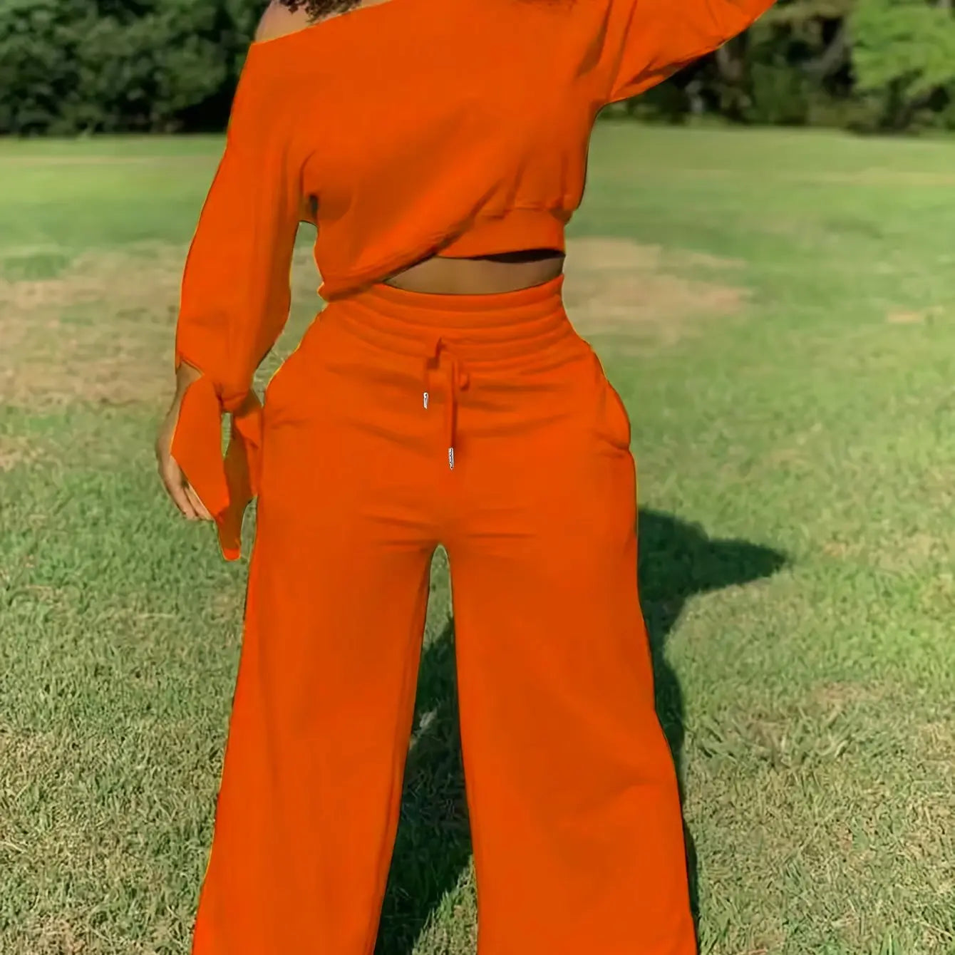 Asymmetrical Batwing Sleeve Crop Top and Drawstring Wide Leg Pants Set Toshe Women's Fashions