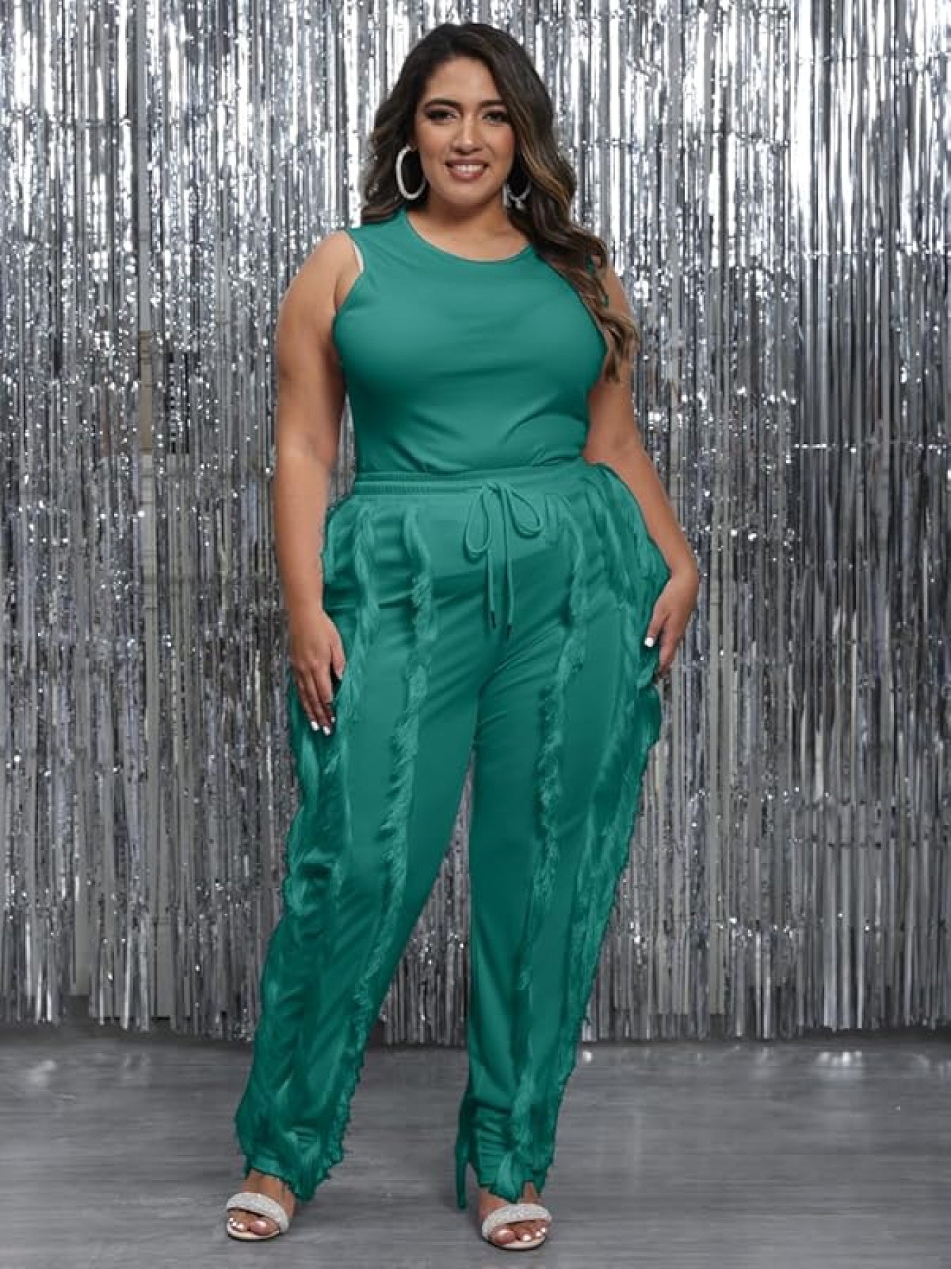 Sleeveless Tank Top with Drawstring Fringe Pant Set