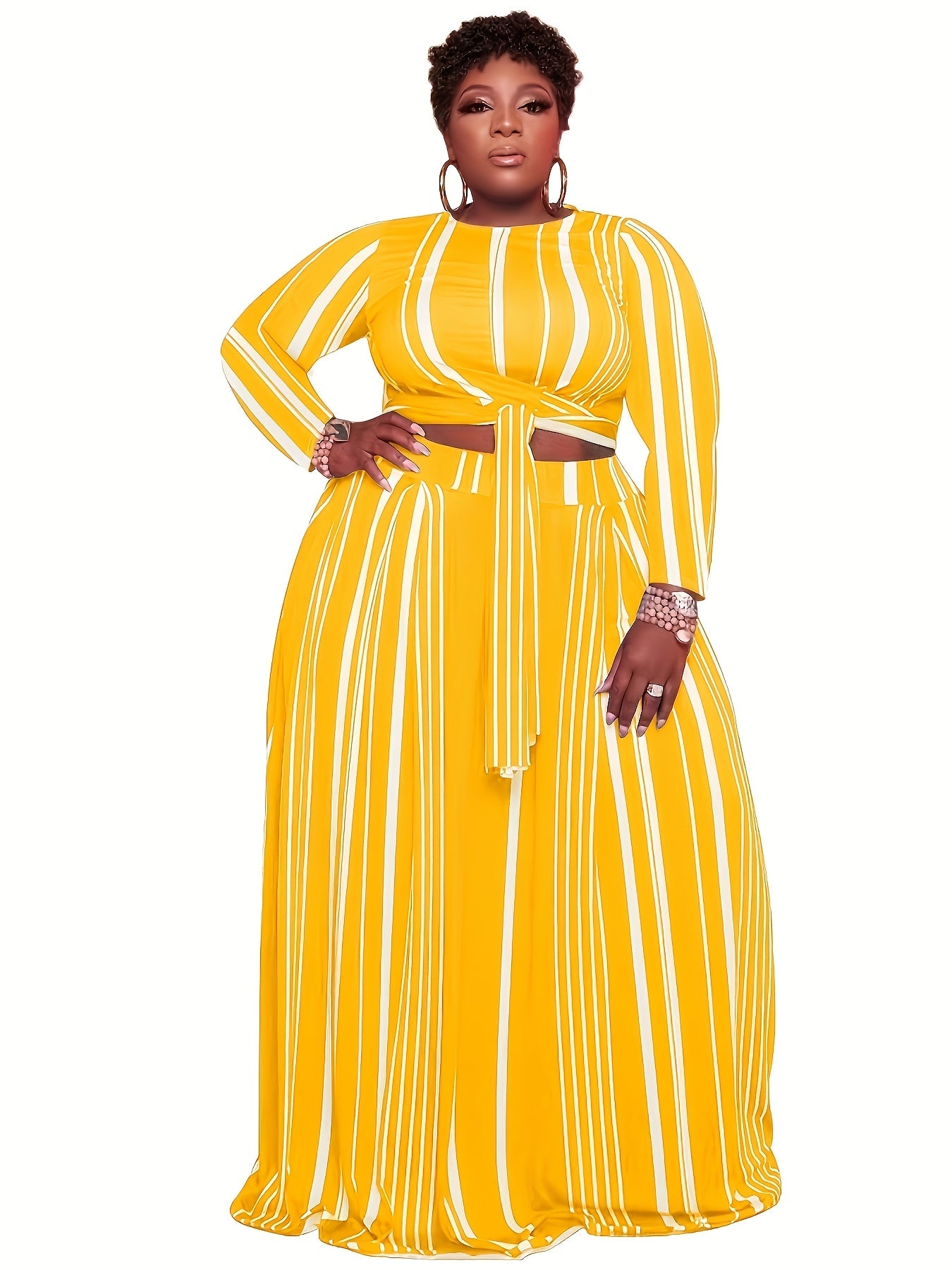 Bold Vertical Striped Crew Neck Crop Top & Wide-Leg Maxi Skirt with Belt