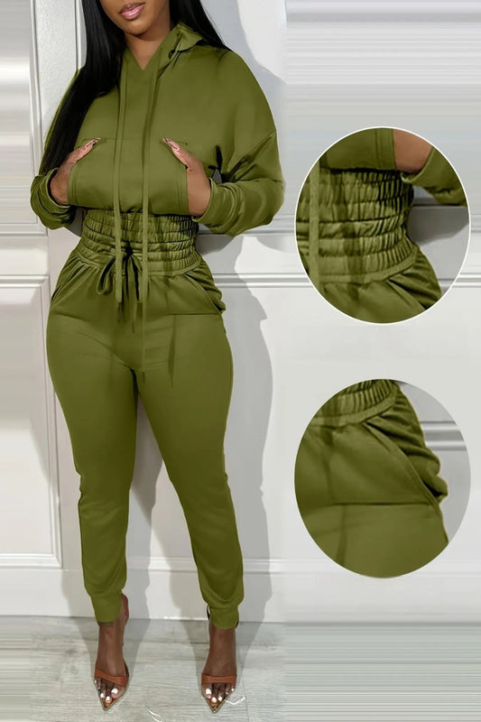 Hooded Crop Top and Shirred Waist Cuffed Jogger Set Toshe Women's Fashions