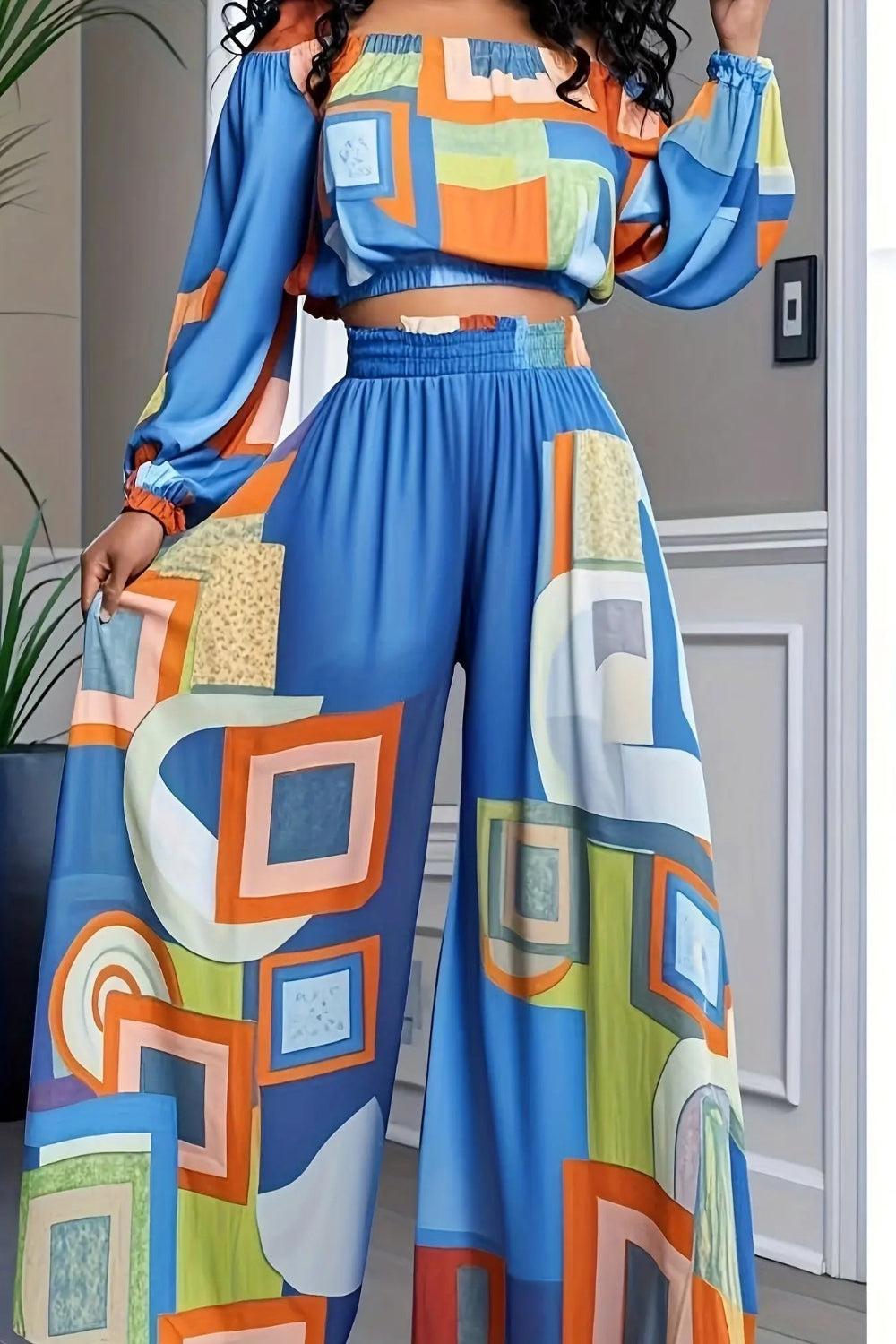 Colorblock Boho Crop Top and Wide Leg Suit Toshe Women's Fashions