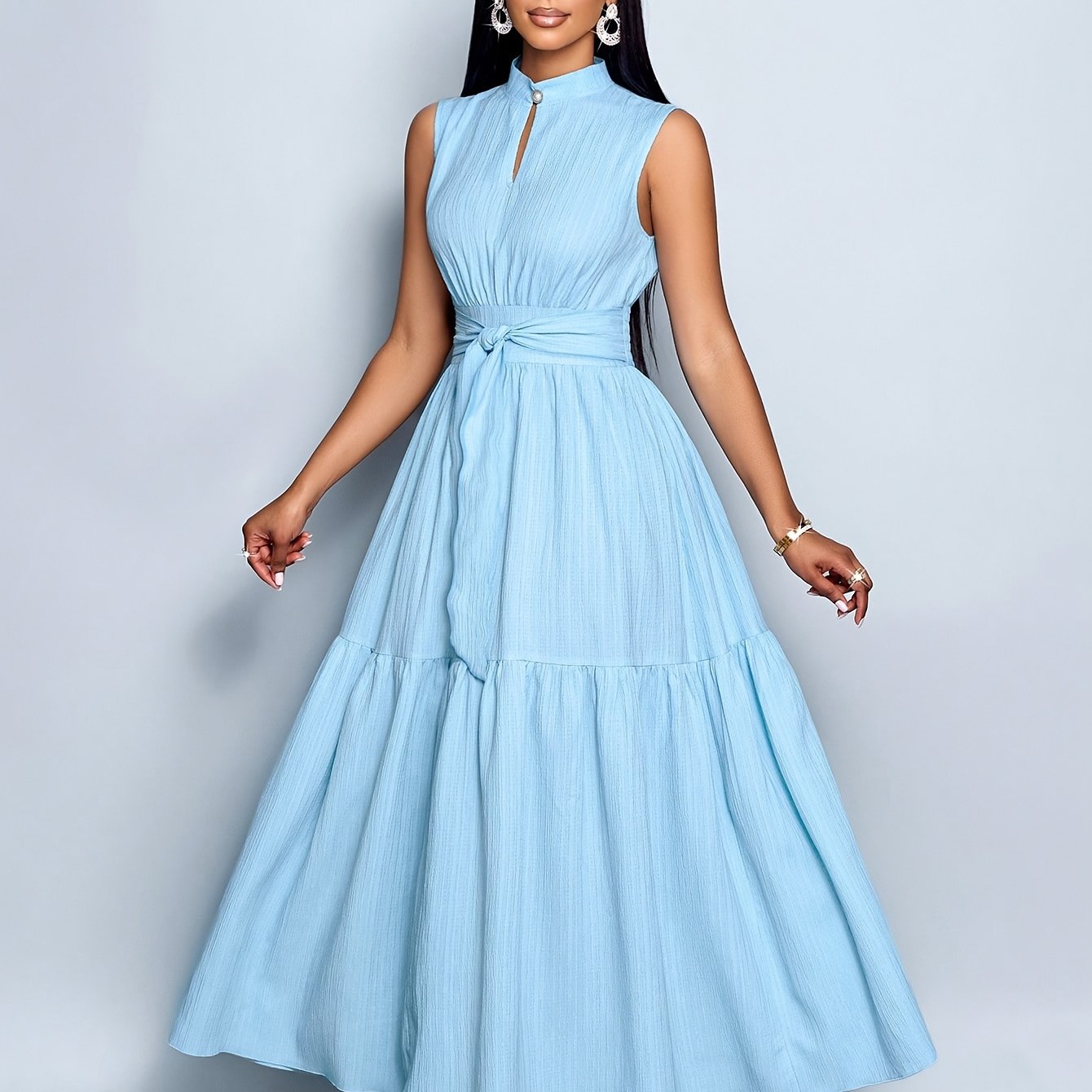Textured Belted Summer Dress – Ruffled Hem & Lightweight Sleeveless Fit