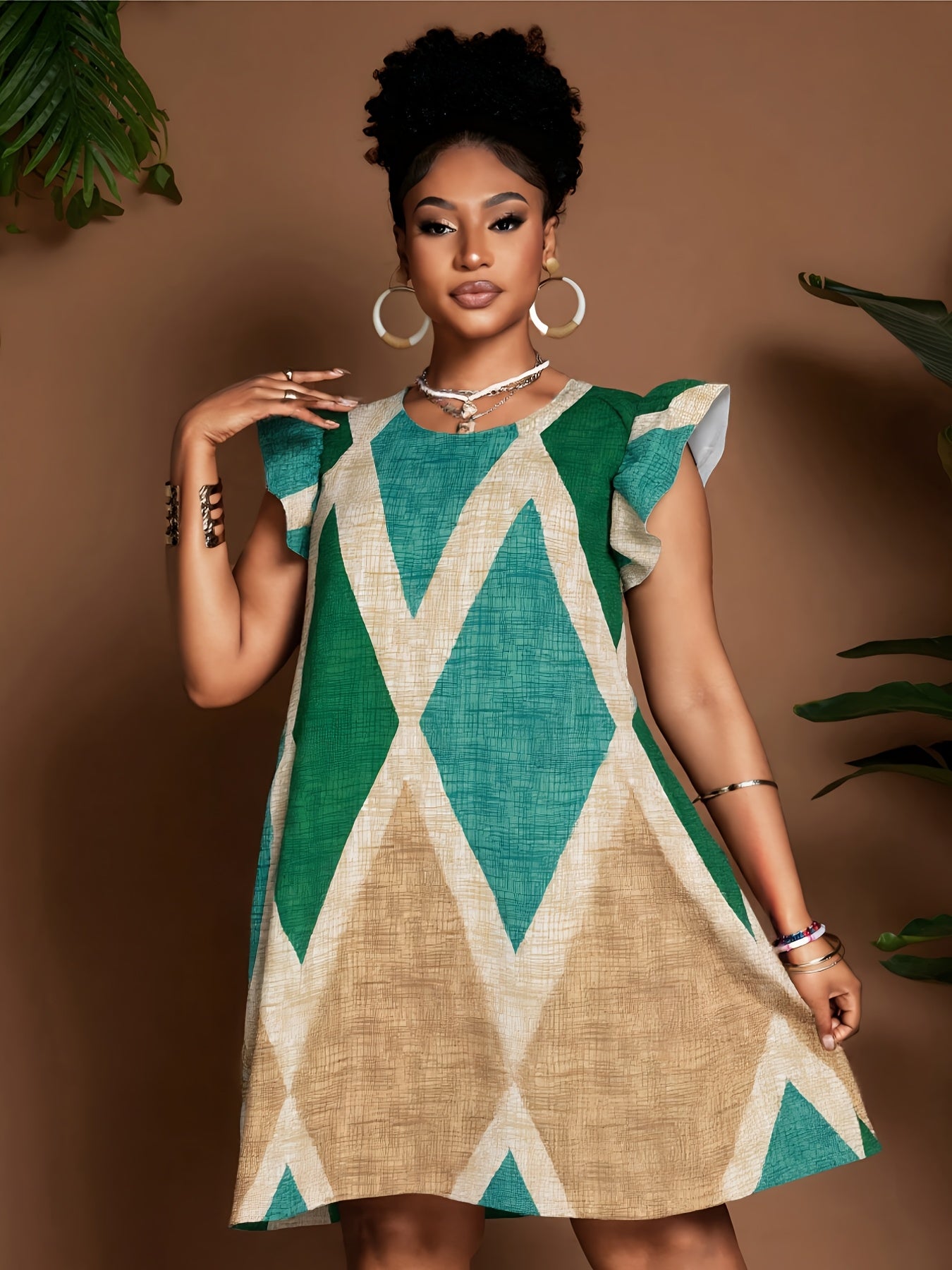 Geometric Ruffle Sleeve A-Line Mini Dress – Bold, Flowy & Flirty