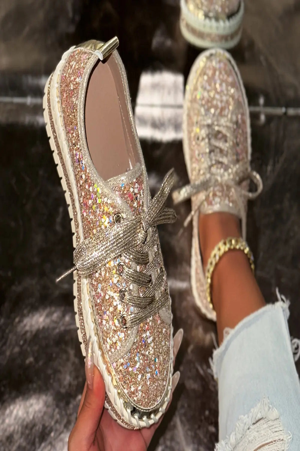 Rhinestone Glitter Low-Top Sneakers Toshe Women's Fashions