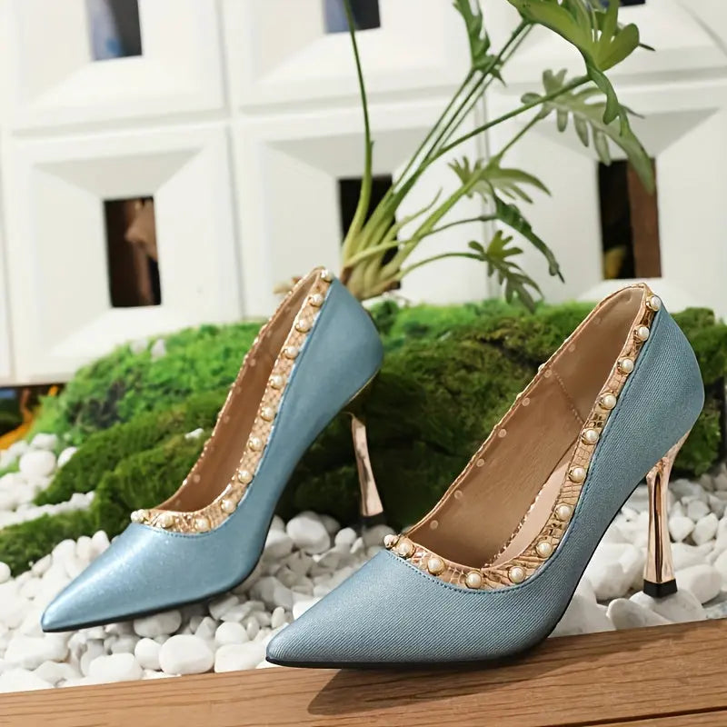 Peacock Blue Pearl Studded Heels Toshe Women's Fashions
