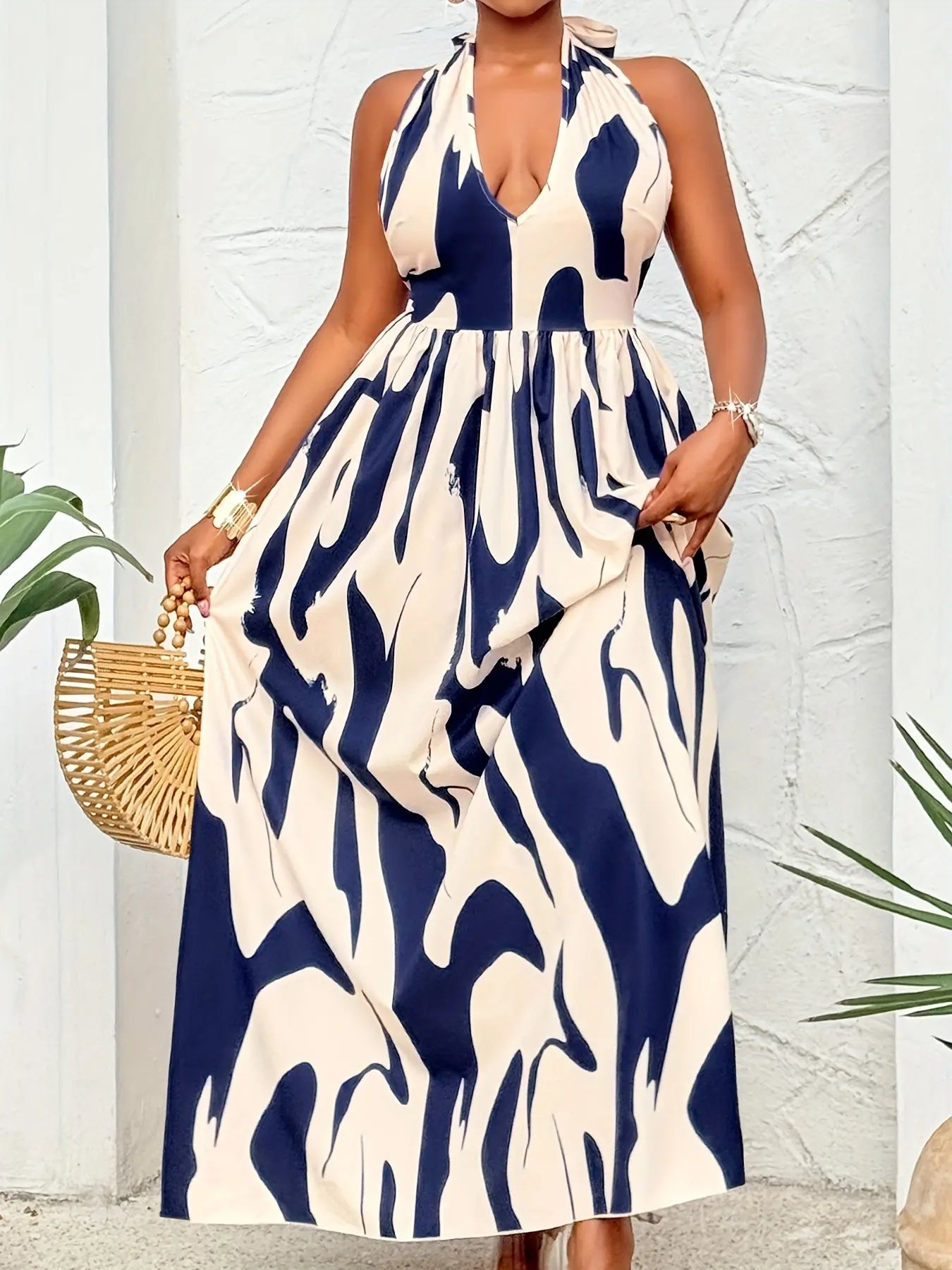 Abstract Print Halter Neck Backless Dress Toshe Women's Fashions