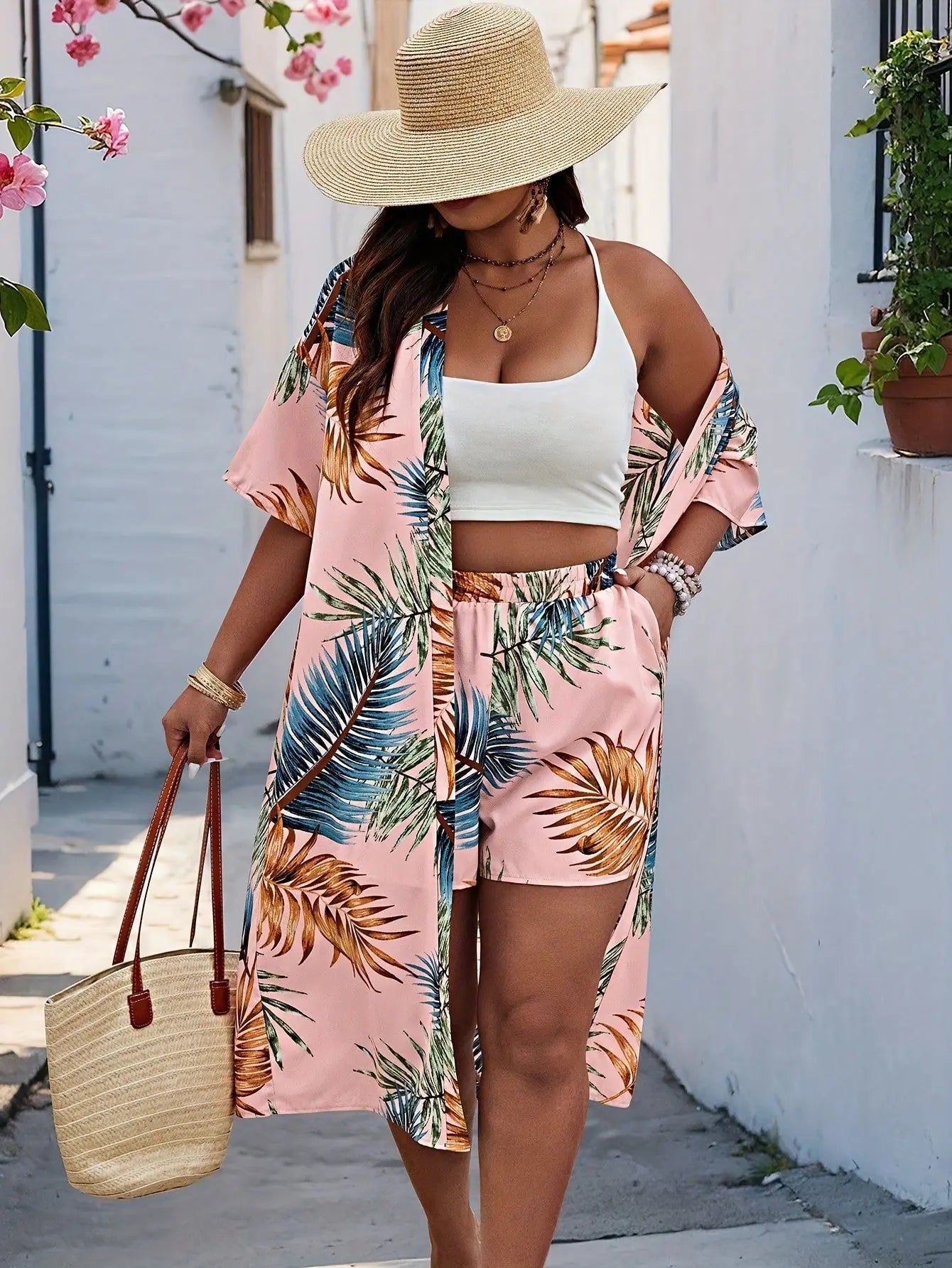 Tropical Leaf Print Cardigan & Shorts Set Toshe Womens Fashions