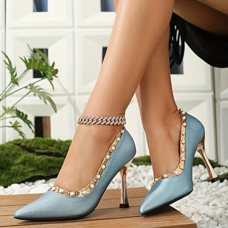 Peacock Blue Pearl Studded Heels Toshe Women's Fashions
