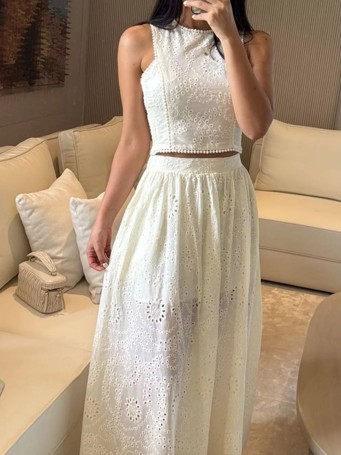 Trendsi eyelet crop top and maxi skirt set, stylish matching skirt set with eyelet details, perfect for casual or summer wear.