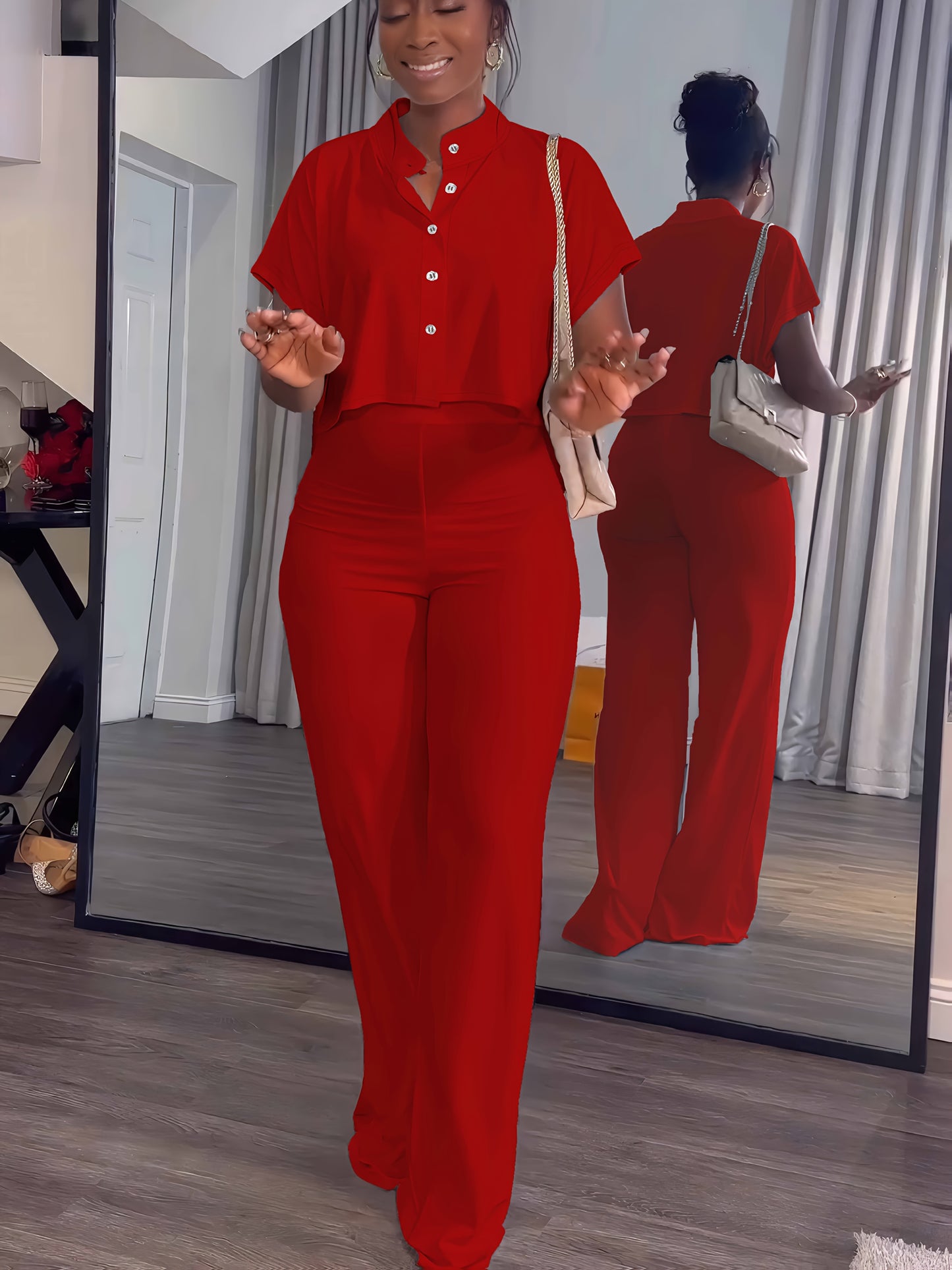 Collared Button Crop Top and Wide Leg Pant Set