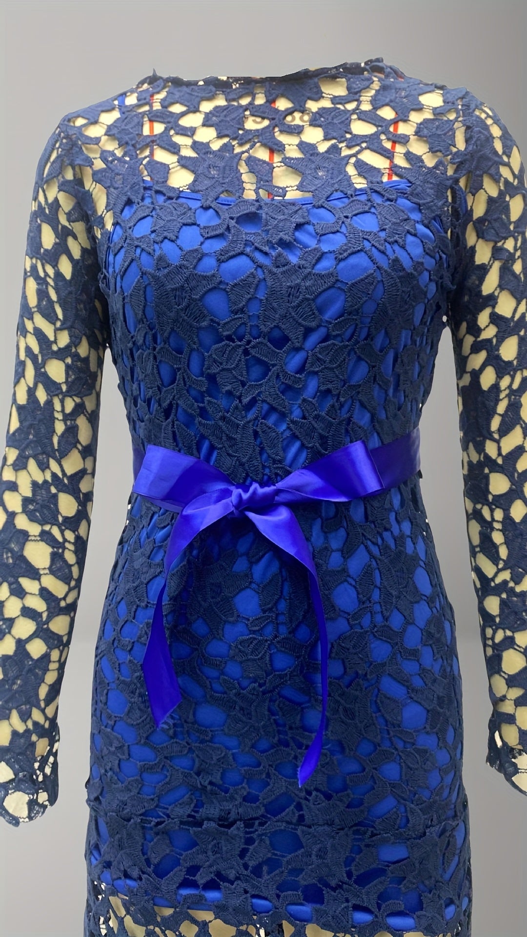 Lace Embroidered Belted Midi Dress – Asymmetrical Hem & Romantic Detailing