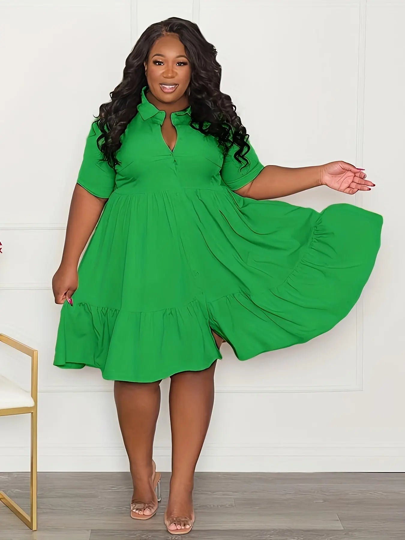 Ruffle Hem Tie Belt Shirt Dress Toshe Women's Fashions