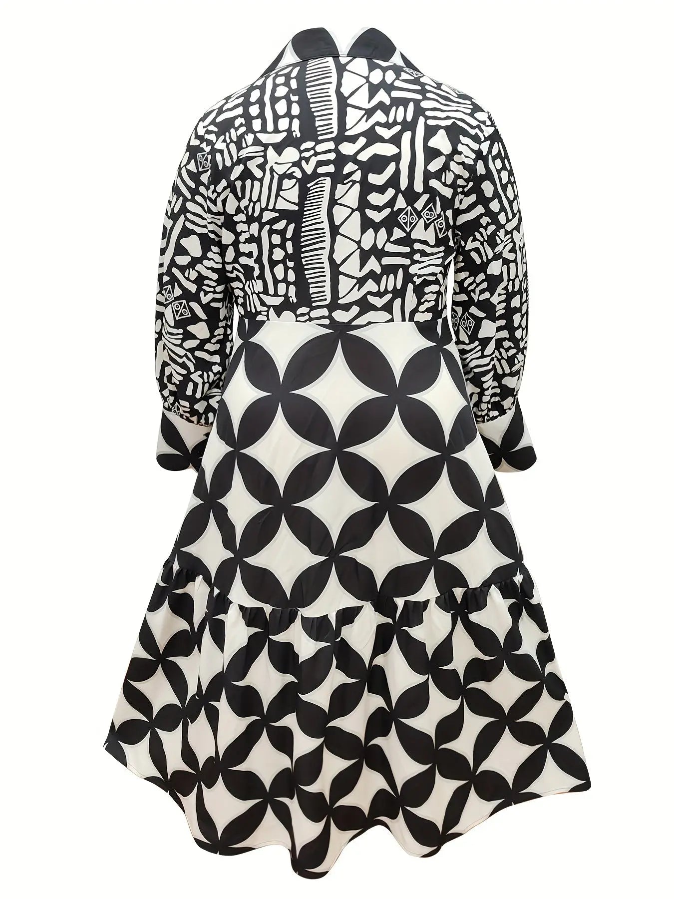 Long Sleeve Shirt Dress - Loose Fit, Geometric Print, Black & White Floral Design, Button-Up Collar Toshe Womens Fashions