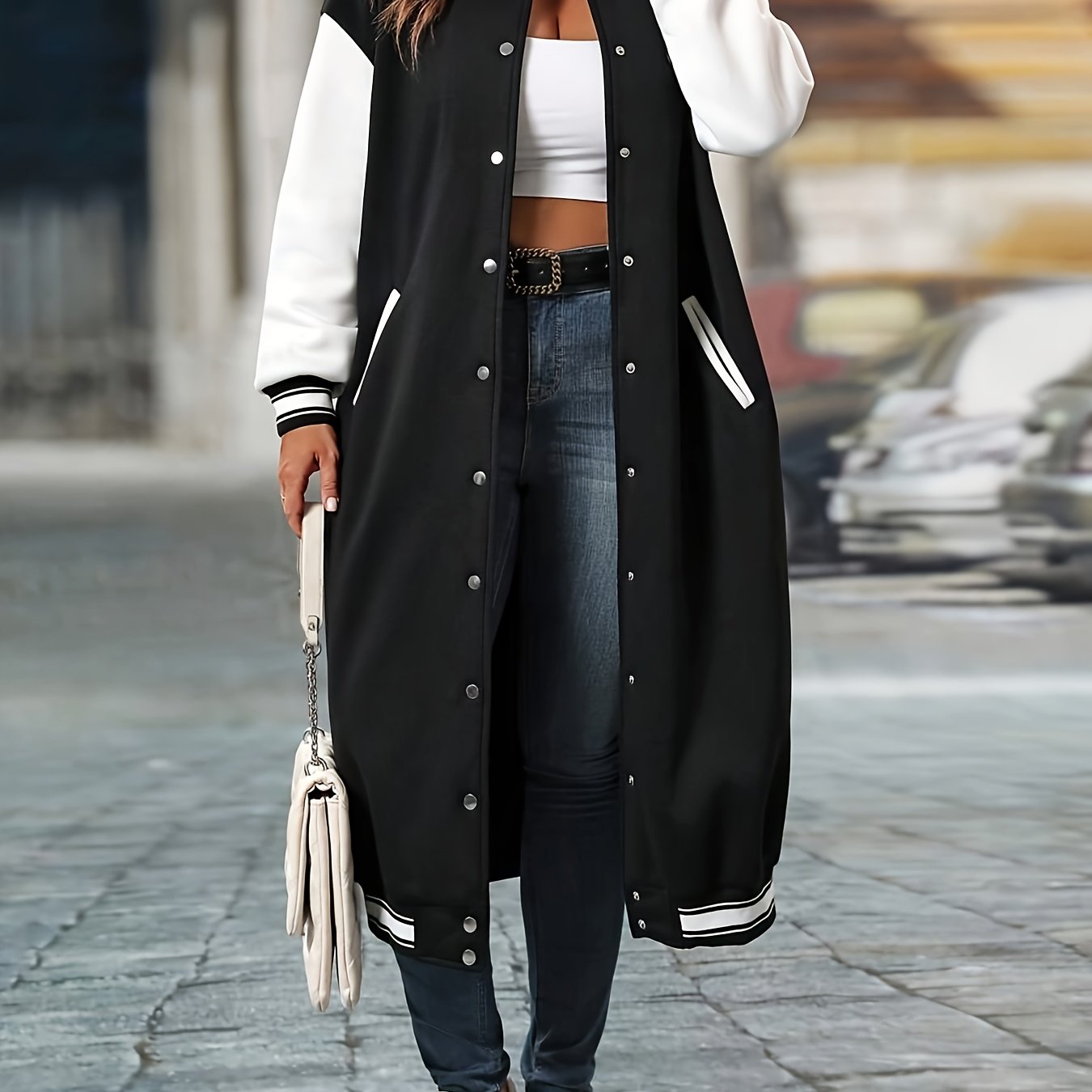 College Style Color Block Jacket – Gold Button Varsity Blazer for Women
