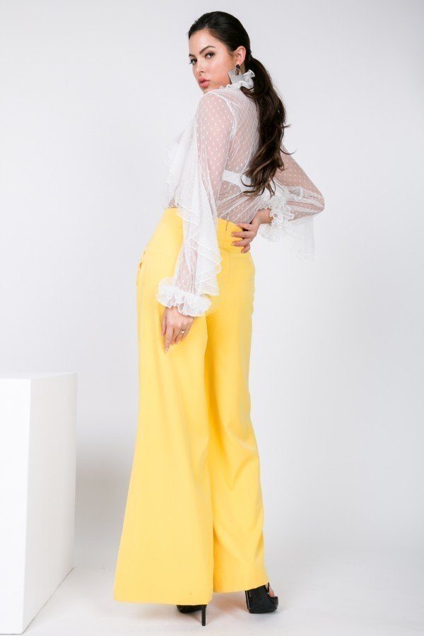 Yellow side slit wide-leg pants by Toshe Women's Fashions, featuring a comfortable fit and flowing fabric.