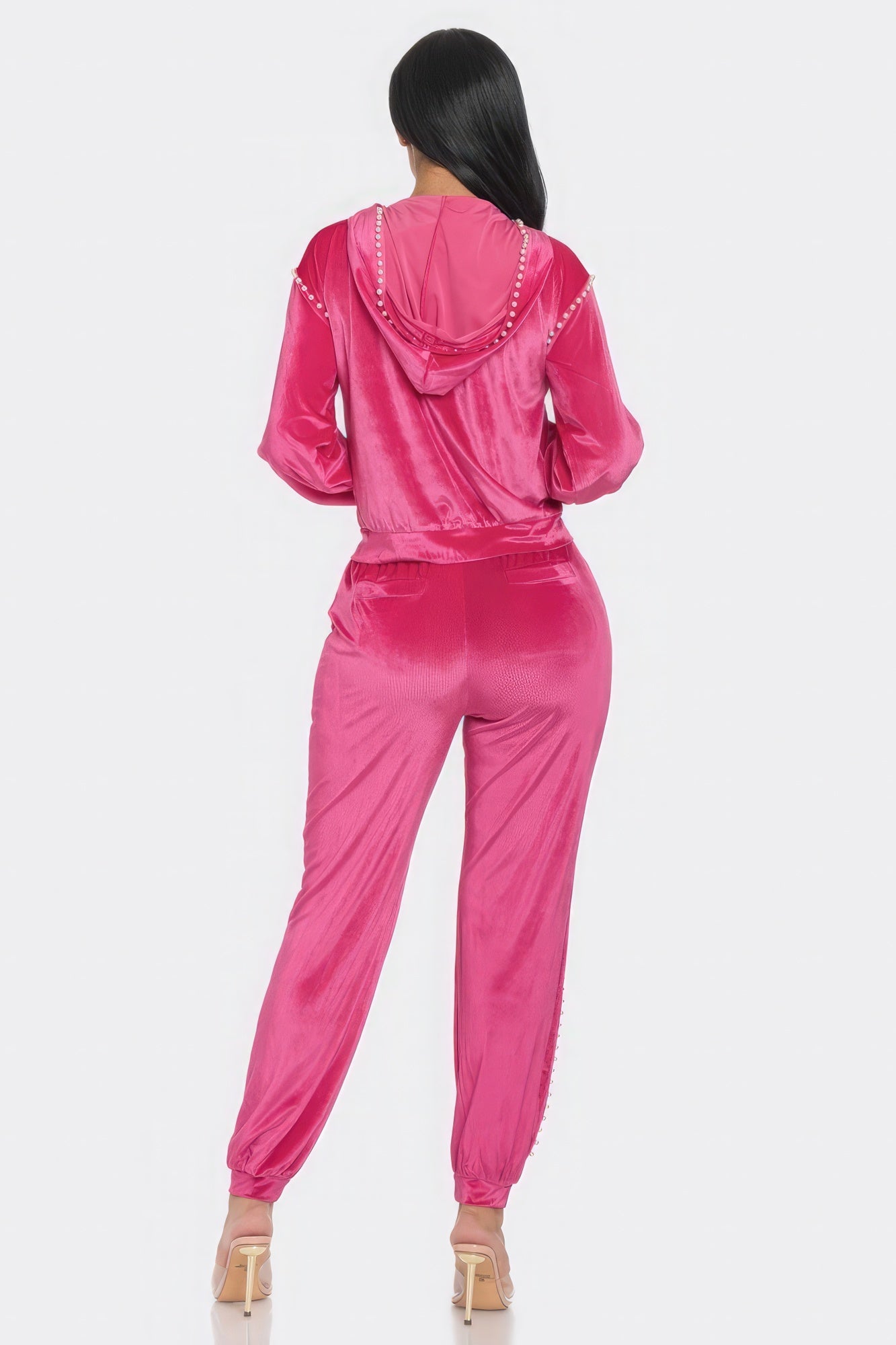 Pearl-embellished Toshe Women's Fashions jogger set with matching top, stylish and comfortable activewear or loungewear.