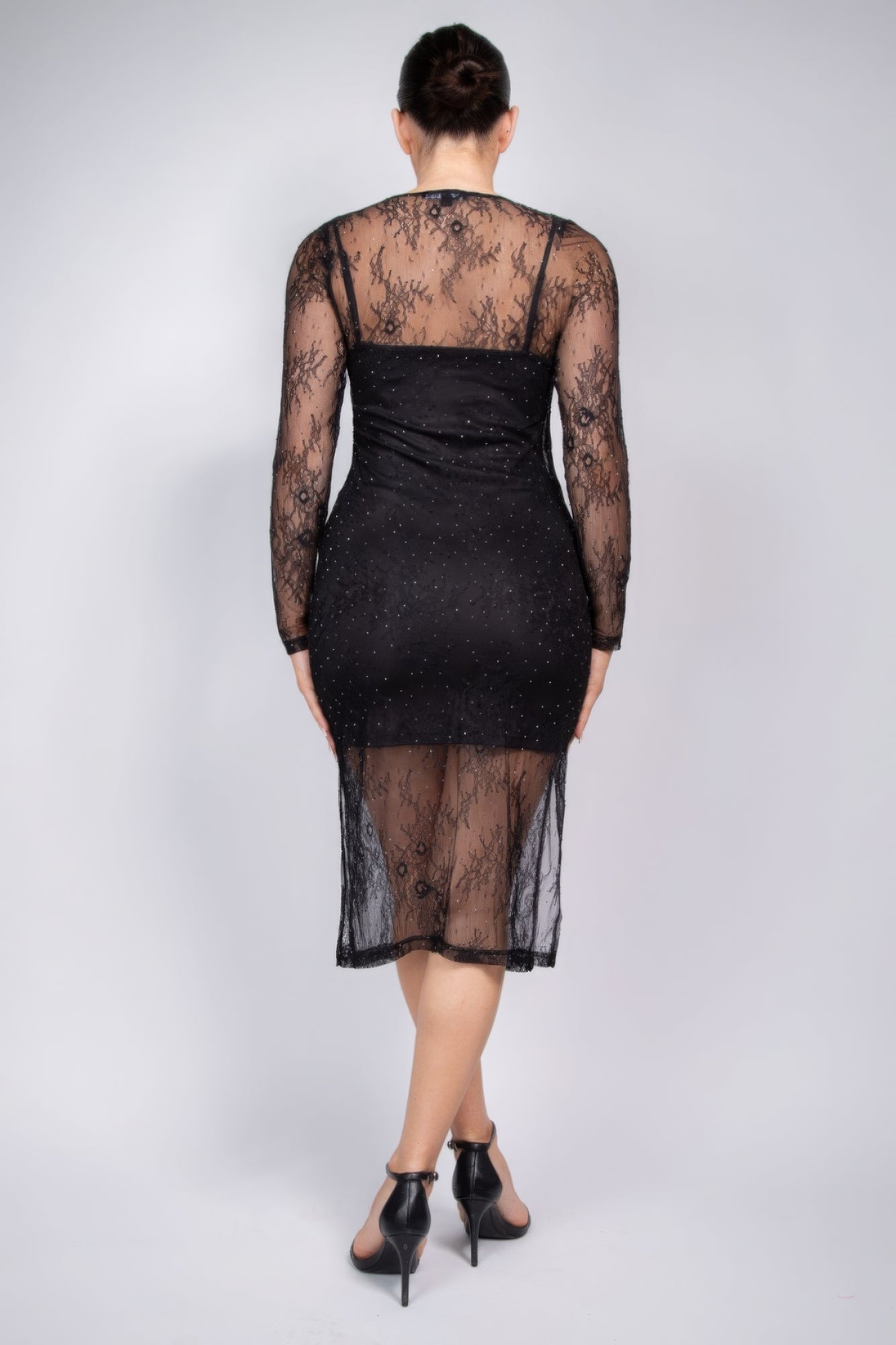 Lace rhinestone studded slit midi dress by Toshe Women's Fashions, featuring intricate lace details and a stylish slit design.