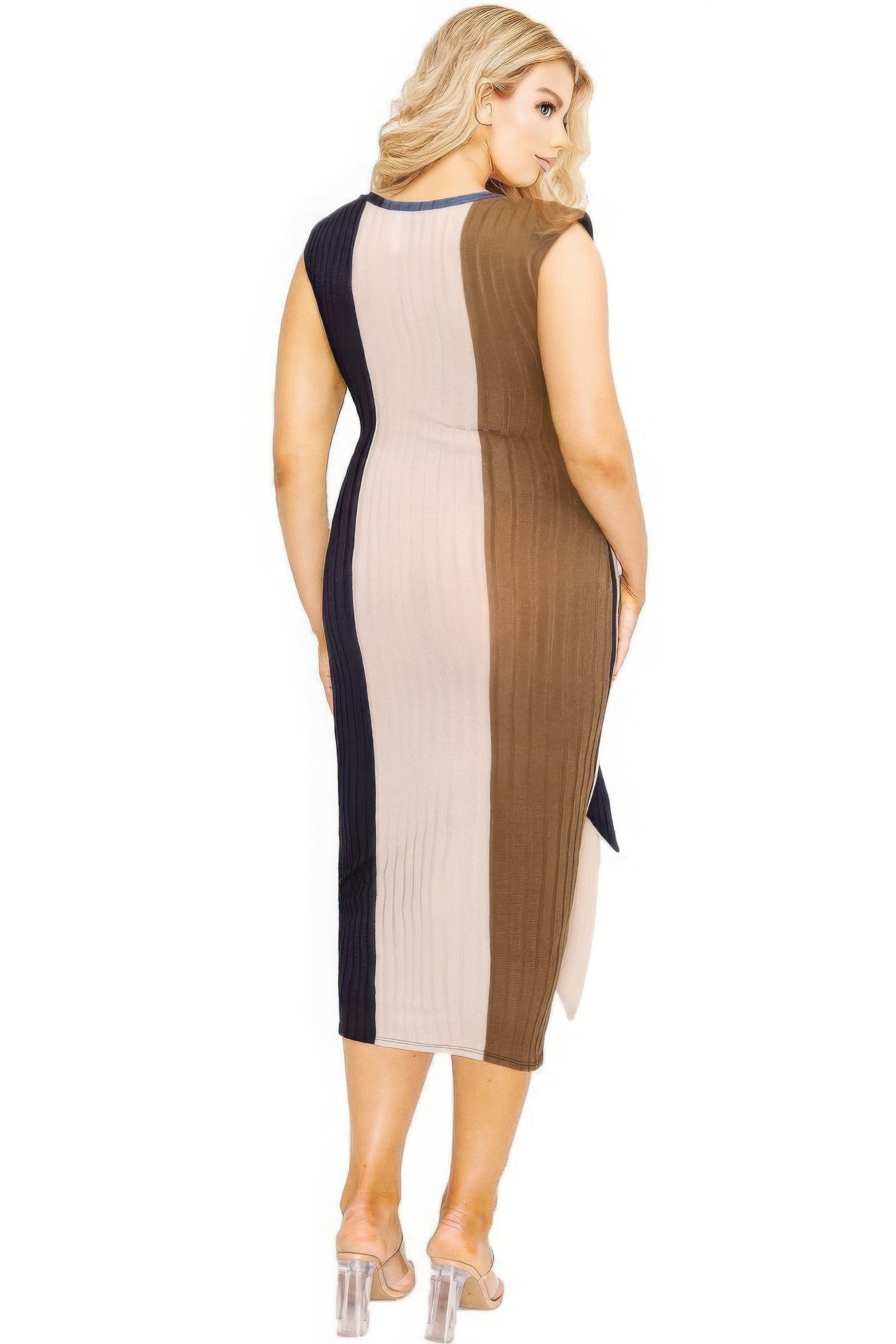 Knitted sleeveless colorblock waist tie dress by Toshe Women's Fashions, featuring a stylish design and vibrant color blocks.