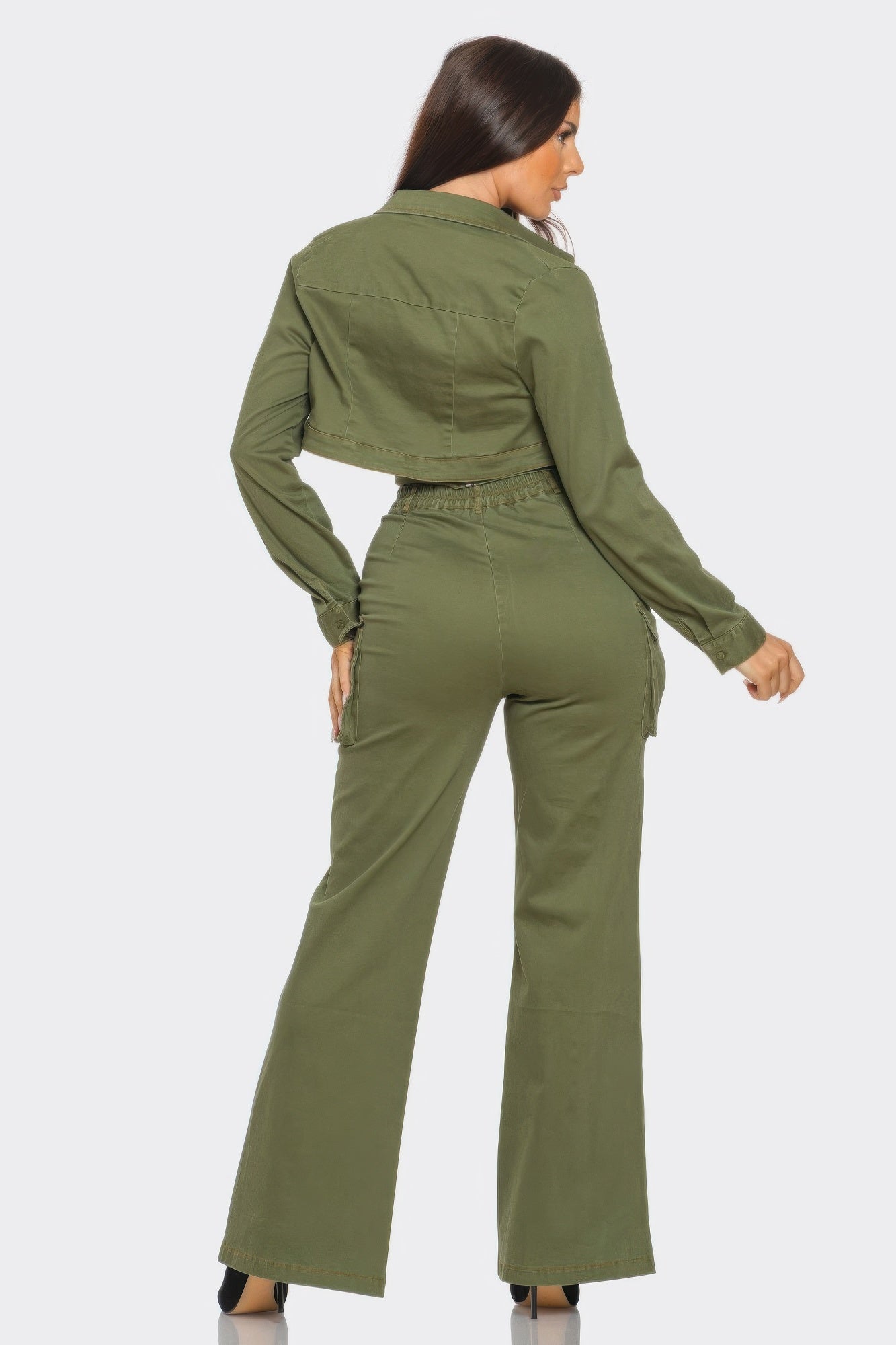 Scallop crop jacket and pants 3-piece set by Toshe Women's Fashions, featuring stylish scalloped edges and coordinated design.