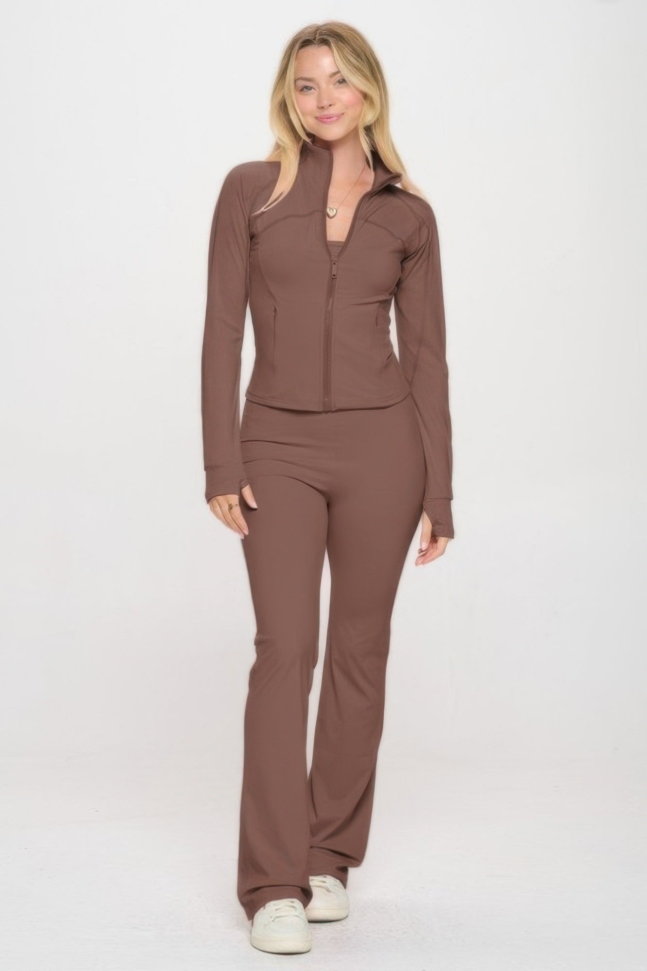 Toshe Women's Fashions fitted zipper jacket and pants set featuring a stylish, coordinated casual wear outfit.