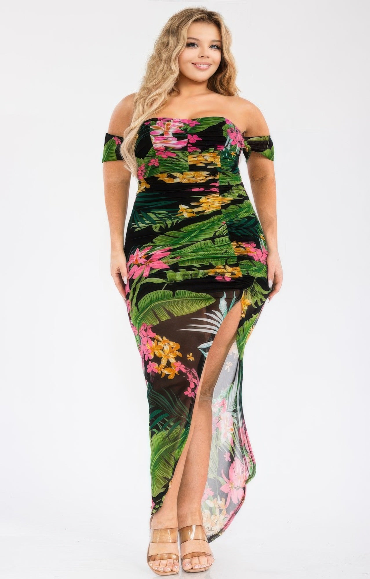 Toshe Women's Fashions tropical off-shoulder draped maxi dress with flowy fabric and short sleeves, perfect for summer.